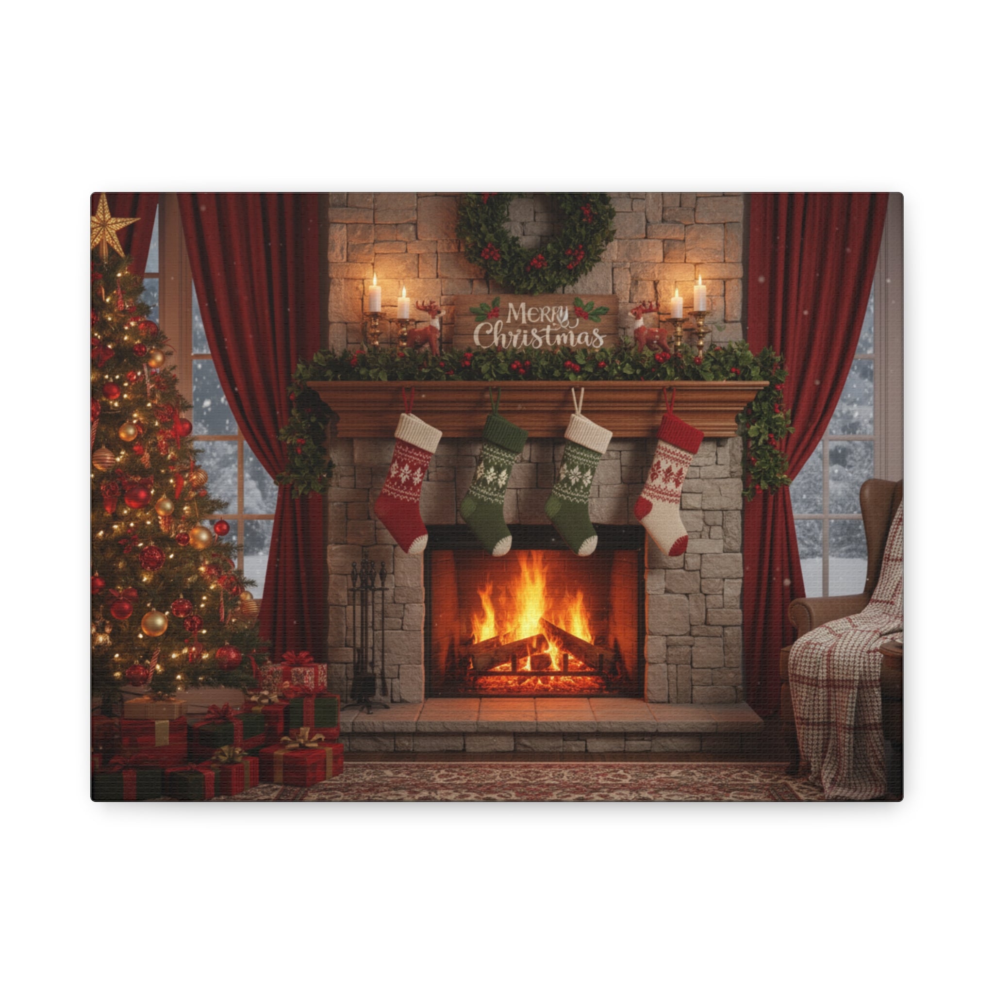 Christmas Fireplace Canvas Wall Art — 'Merry Christmas' Holiday Mantel Scene