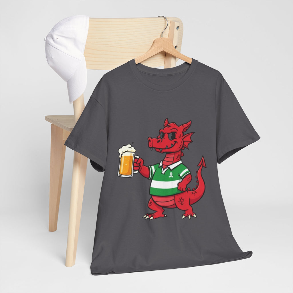 Dragon Cheers T‑Shirt — Cute Red Dragon Holding Beer Graphic Tee