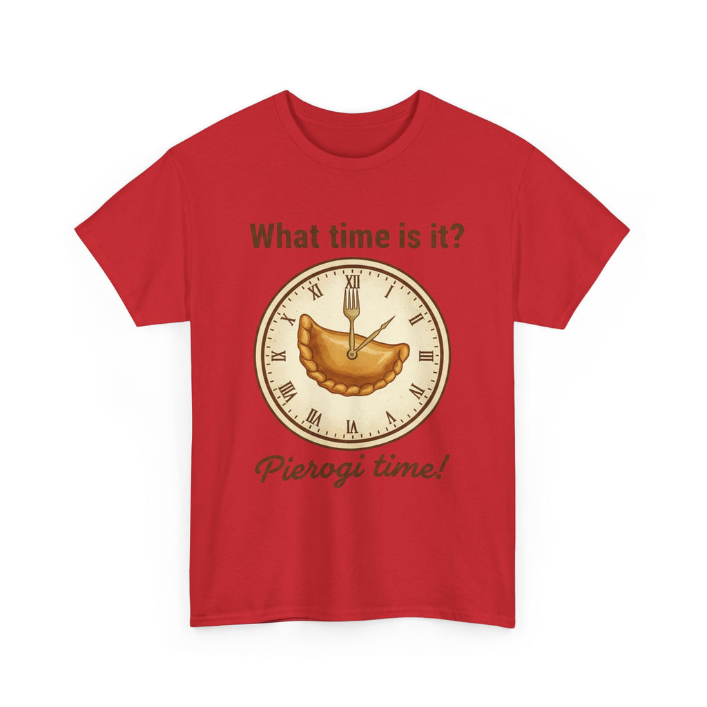 Pierogi Time T‑Shirt — "What time is it? Pierogi time!" Vintage Clock Food Tee
