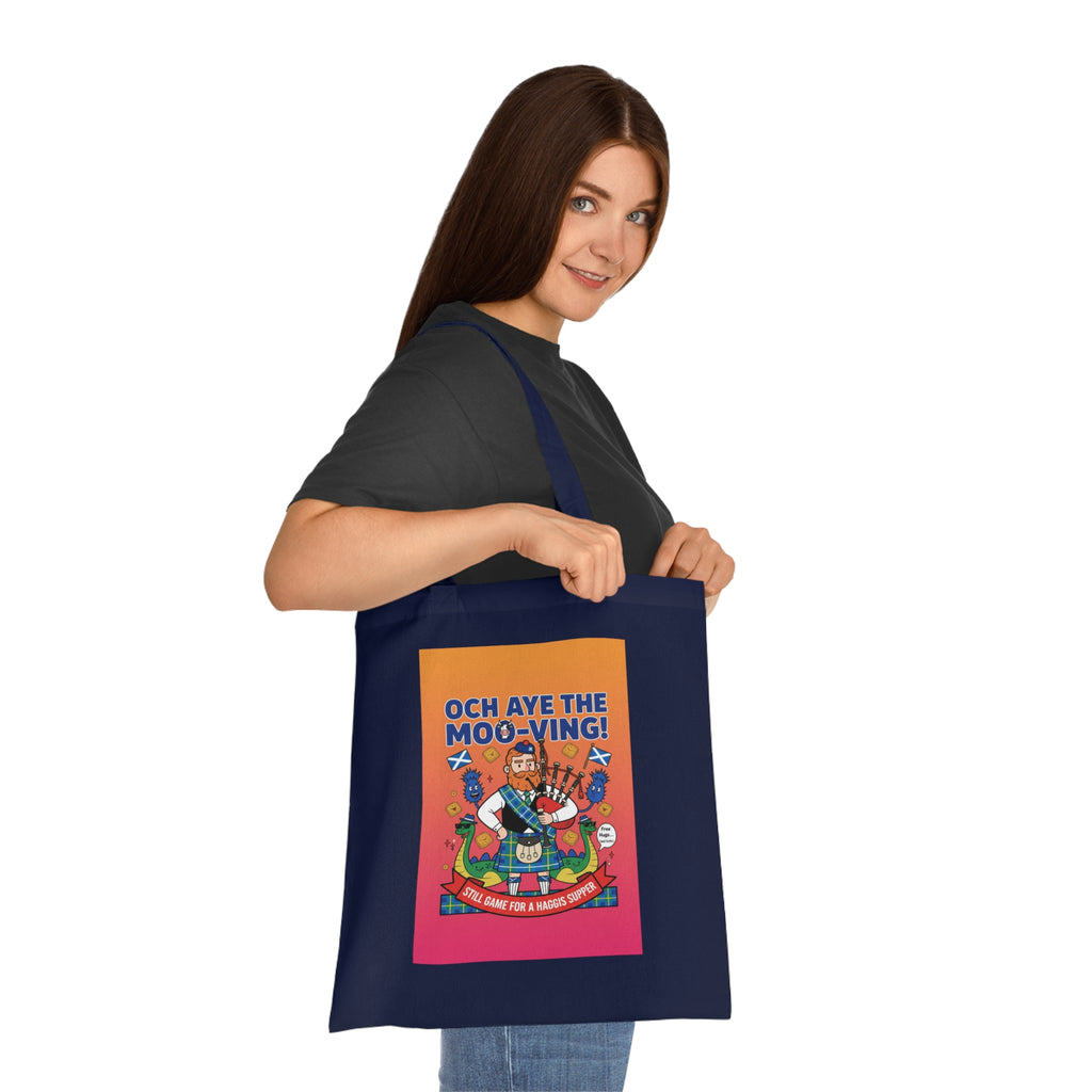Scottish Cow Cartoon Cotton Tote — "Och Aye the Moo-ving!" Funny Celtic Grocery Bag