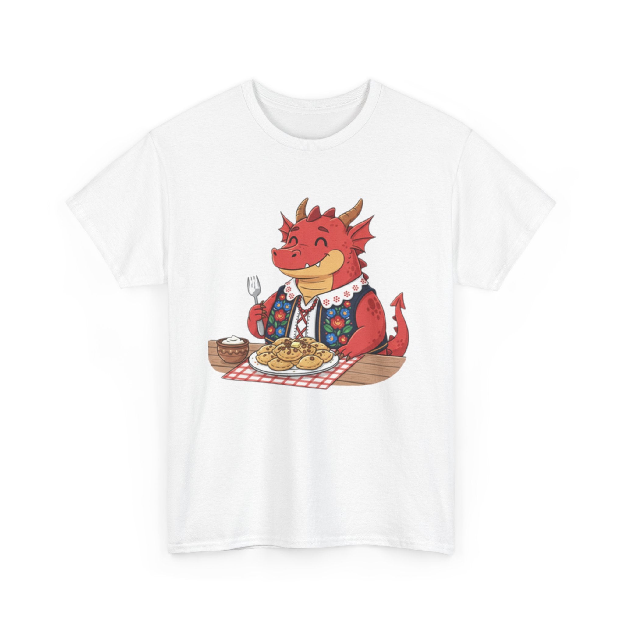 Dragon Eating Pierogi T-Shirt — "Mój nowy smok. Też lubi pierogi." Cute Polish Food Tee