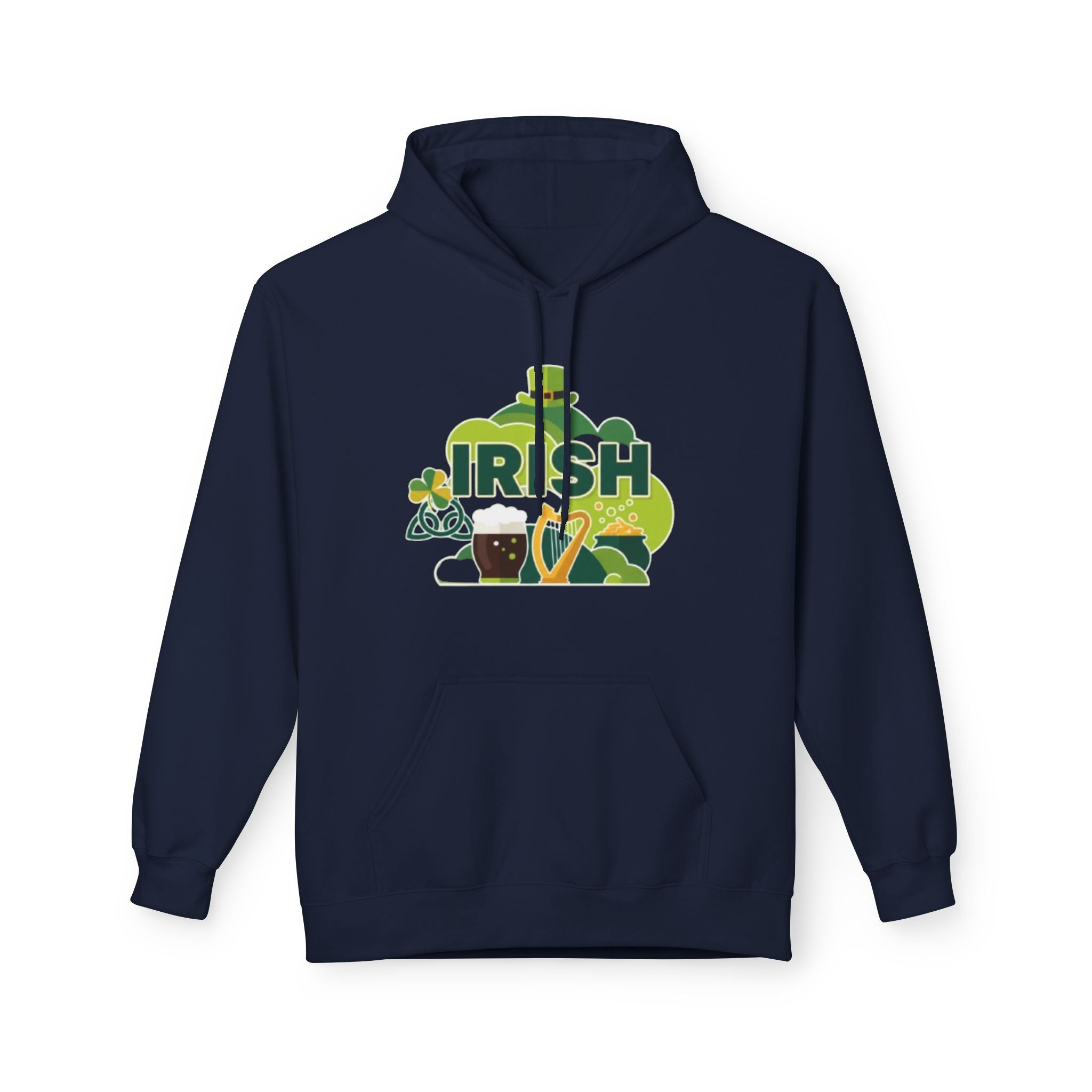 Irish St. Patrick's Day Hoodie — Shamrock, Leprechaun Hat & Pint Design