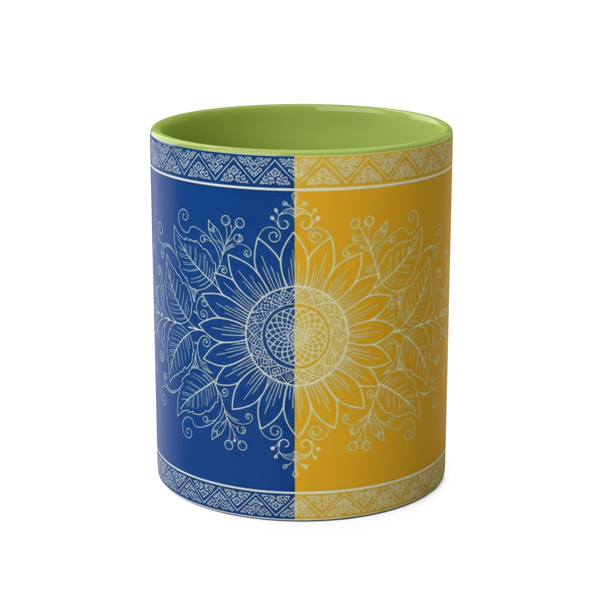 Sunflower Mandala Two-Tone Coffee Mug — Blue & Yellow 11oz