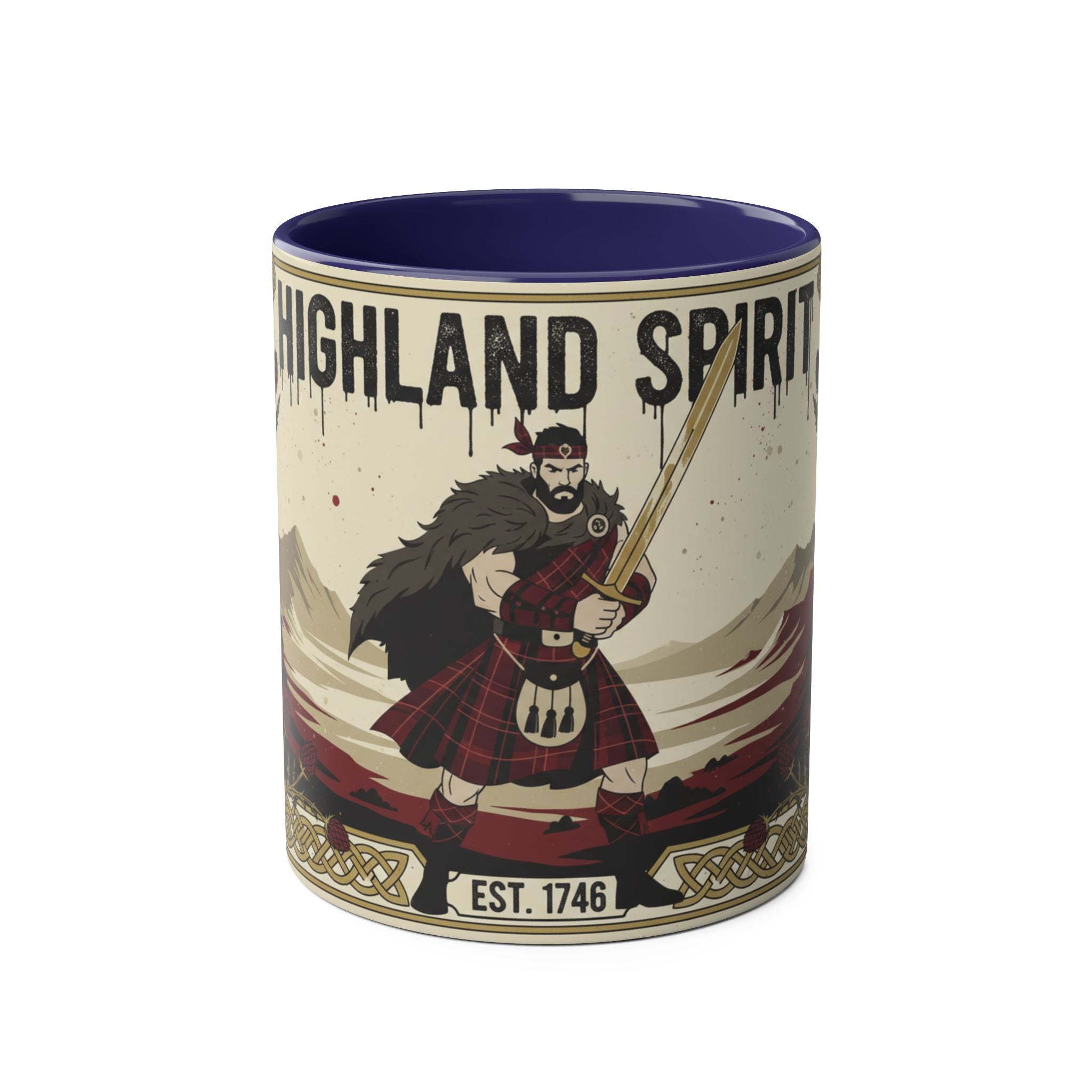 Highland Spirit Coffee Mug — Vintage Scottish Highlander 11oz Two-Tone Ceramic
