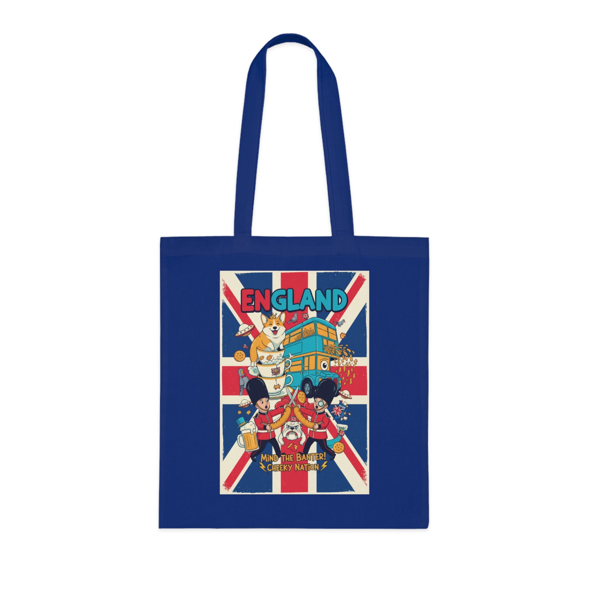 England Union Jack Cotton Tote Bag – Cute London Icons (Big Ben, Double Decker, Guards)