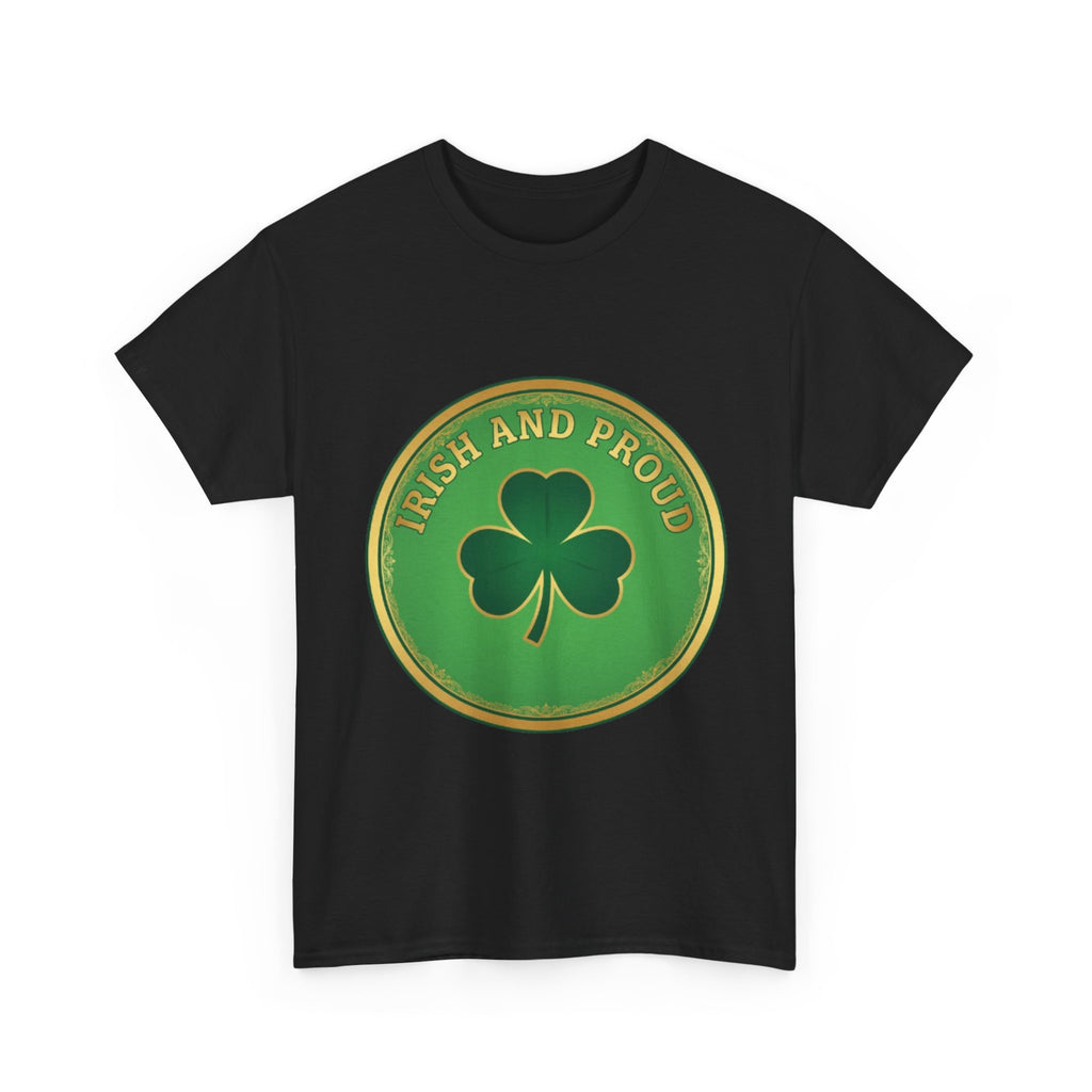 Irish and Proud T-Shirt — Green Shamrock Emblem Tee for St. Patrick's Day