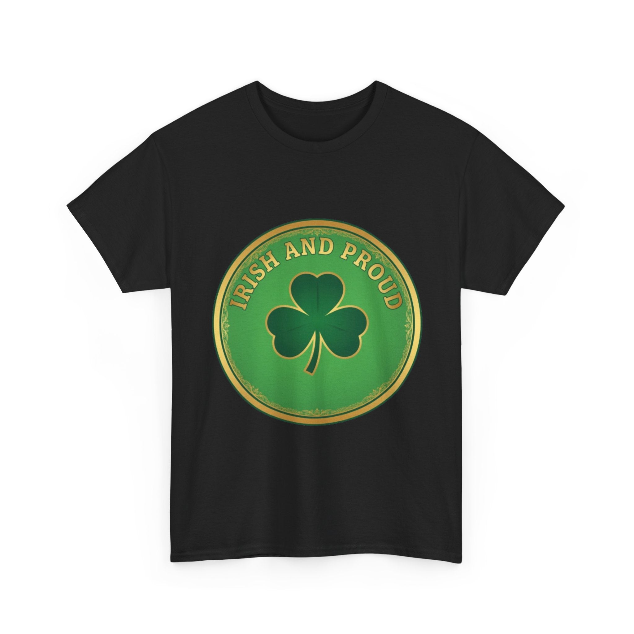 Irish and Proud T-Shirt — Green Shamrock Emblem Tee for St. Patrick's Day