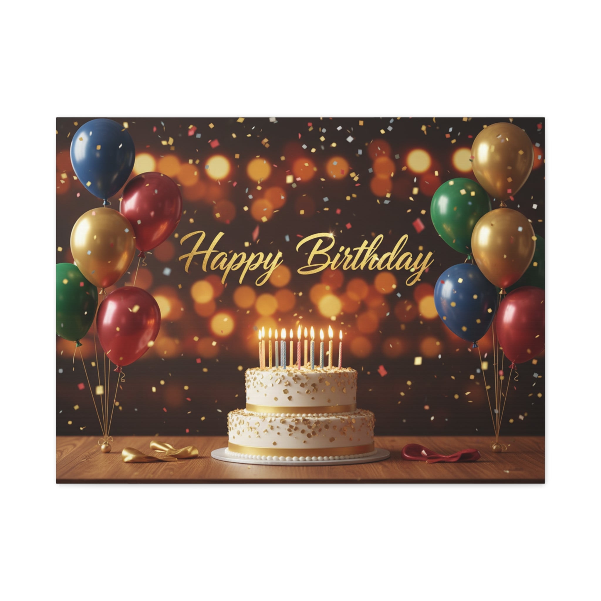Happy Birthday Canvas Wall Art — Celebration Cake & Balloons Matte Stretched Print