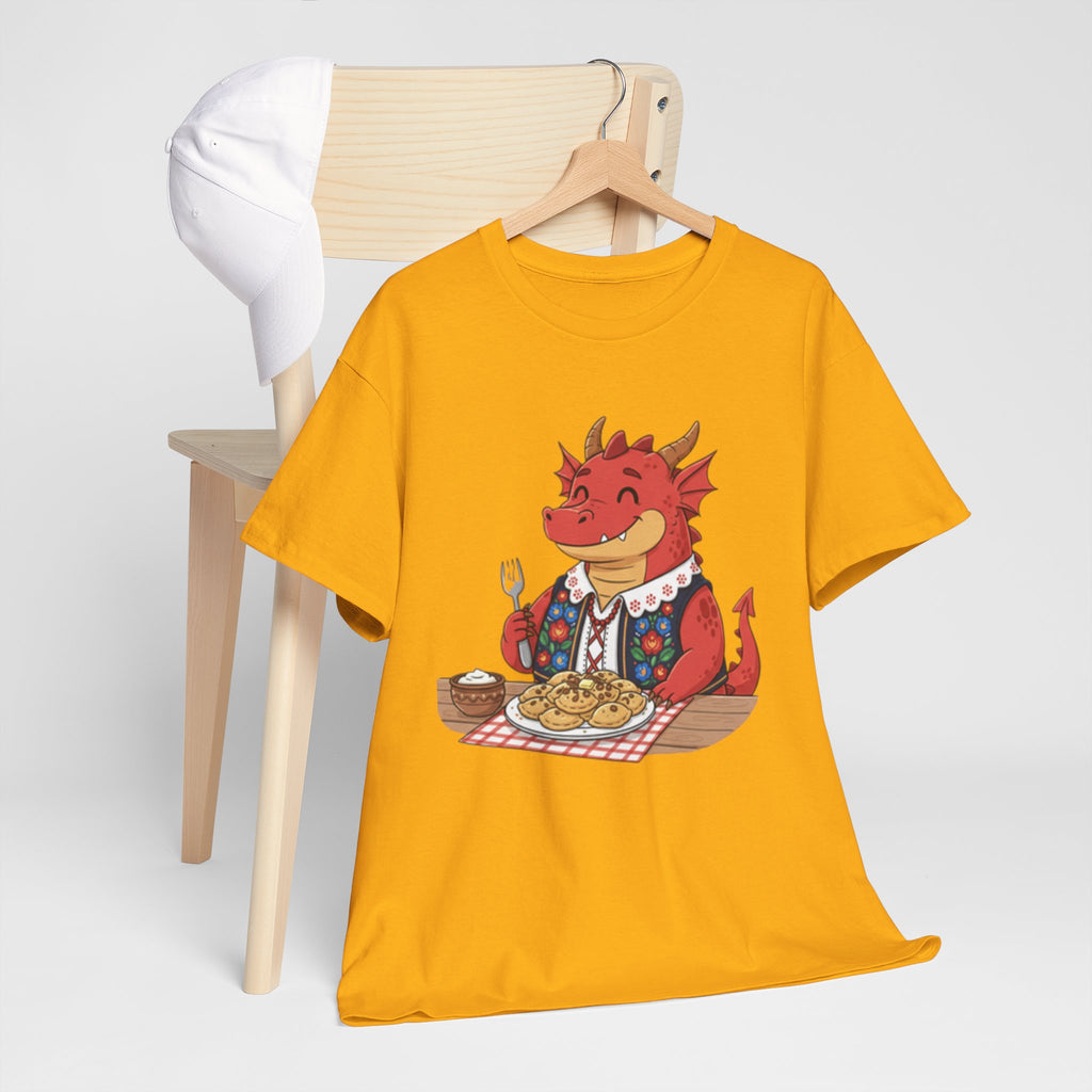 Dragon Eating Pierogi T-Shirt — "Mój nowy smok. Też lubi pierogi." Cute Polish Food Tee