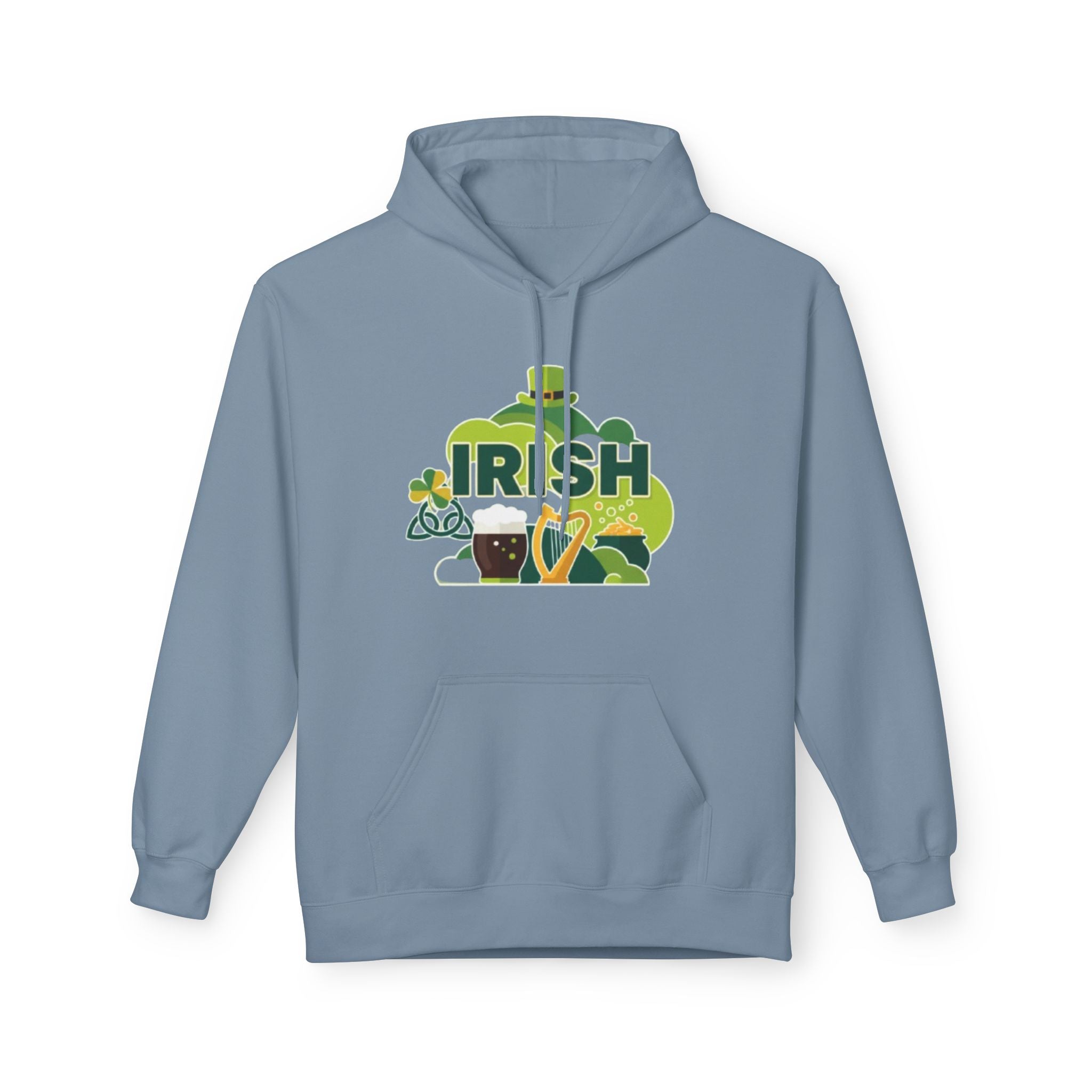 Irish St. Patrick's Day Hoodie — Shamrock, Leprechaun Hat & Pint Design