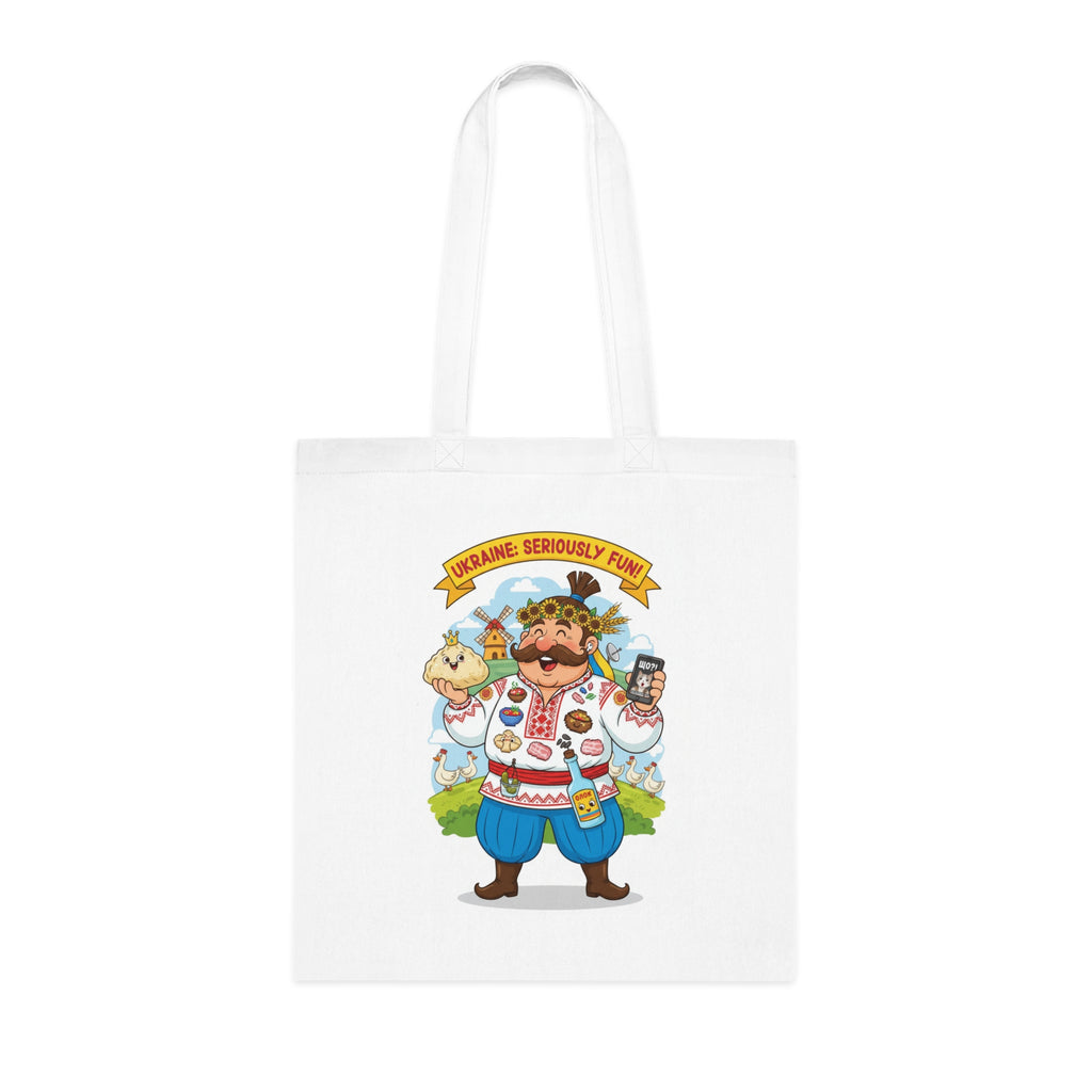 Ukrainian Pride Cotton Tote — "Ukraine Seriously? Fun!" Folk Character Market Bag