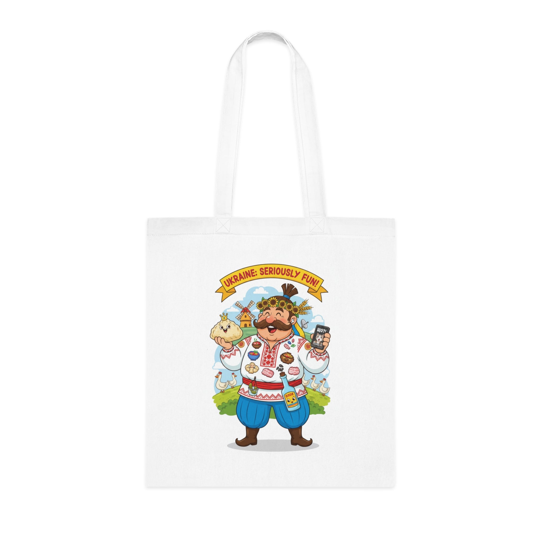 Ukrainian Pride Cotton Tote — "Ukraine Seriously? Fun!" Folk Character Market Bag