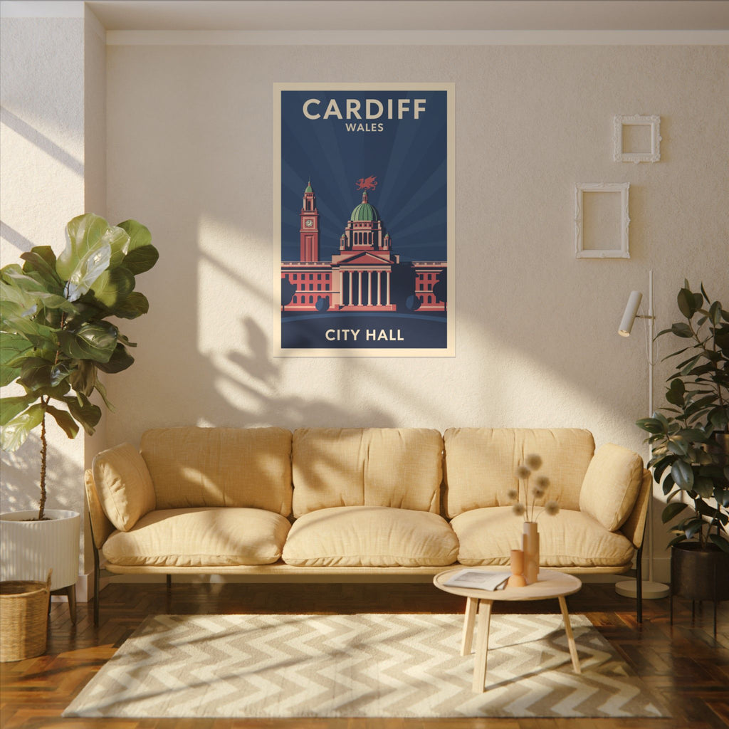 Cardiff City Hall Matte Canvas Wall Art — Vintage Wales Travel Poster