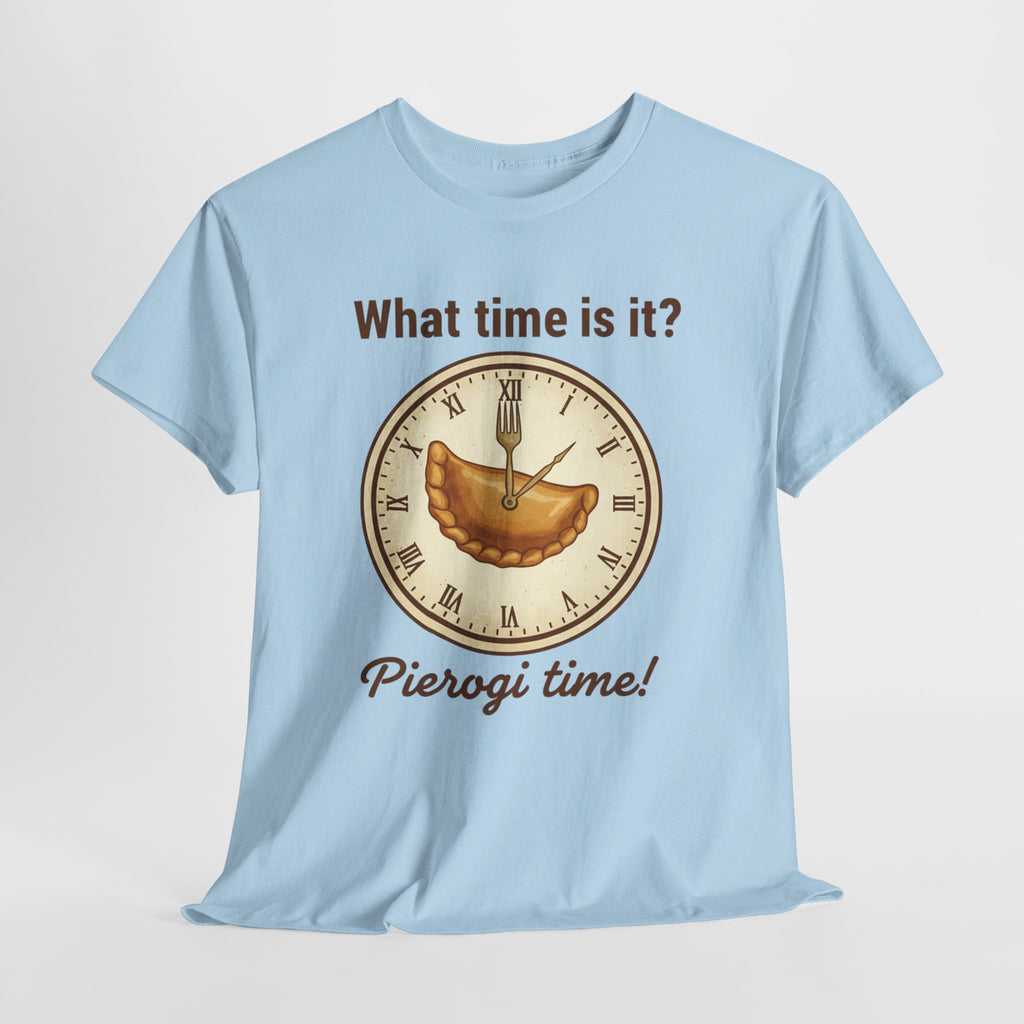 Pierogi Time T‑Shirt — "What time is it? Pierogi time!" Vintage Clock Food Tee