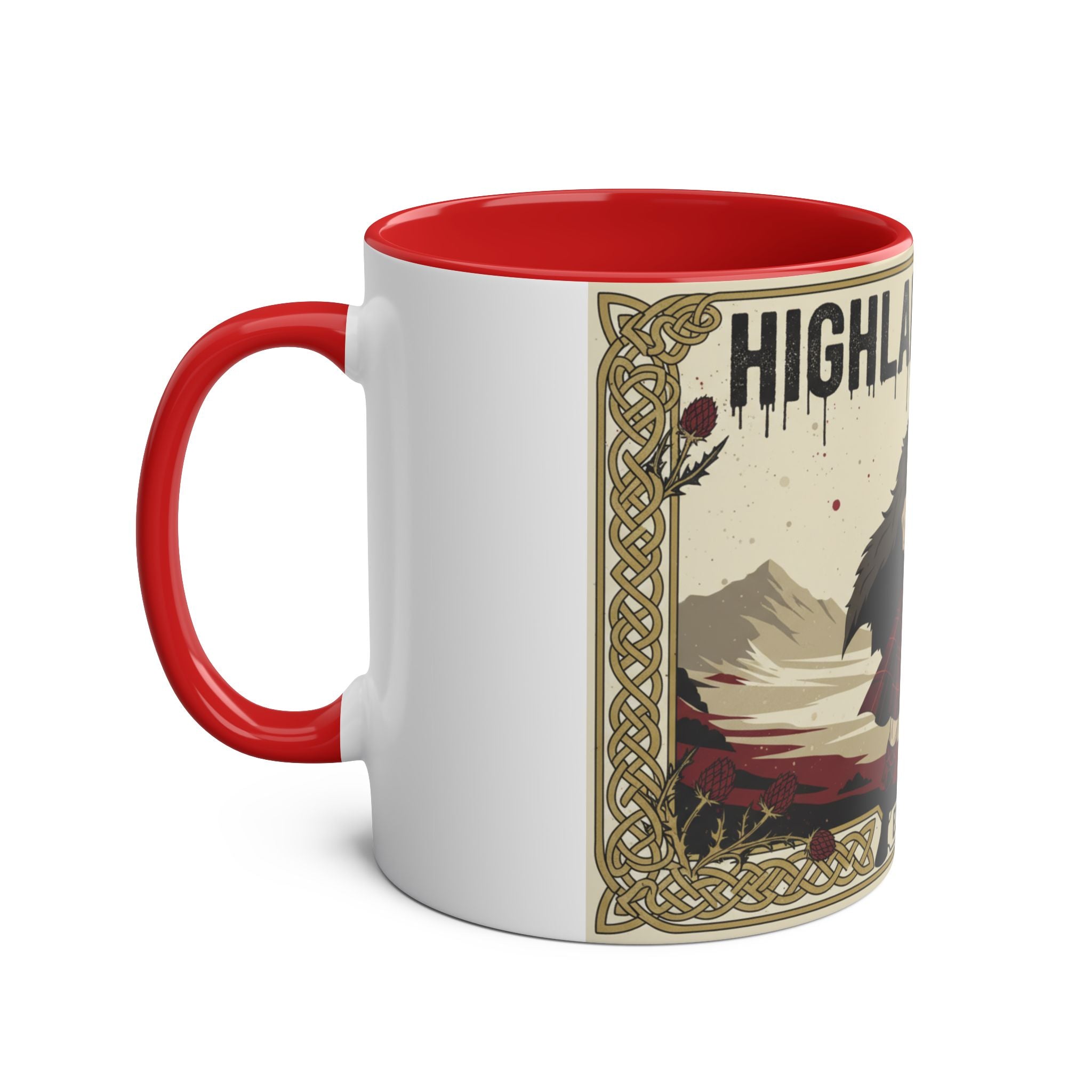 Highland Spirit Coffee Mug — Vintage Scottish Highlander 11oz Two-Tone Ceramic