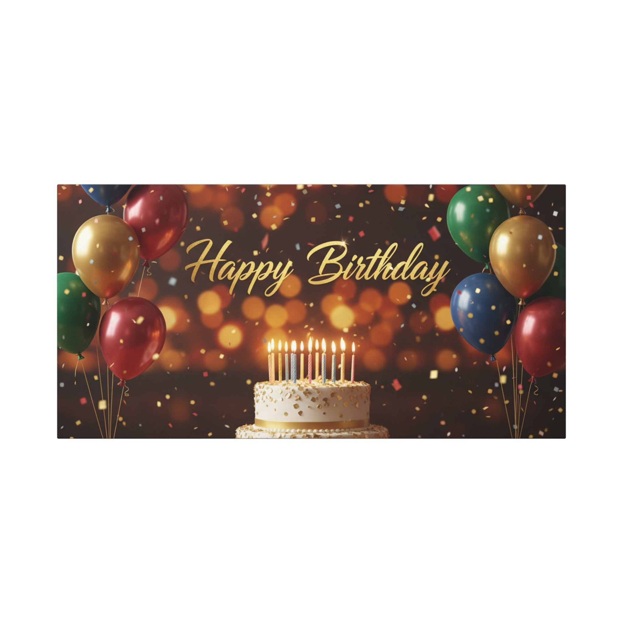 Happy Birthday Canvas Wall Art — Celebration Cake & Balloons Matte Stretched Print