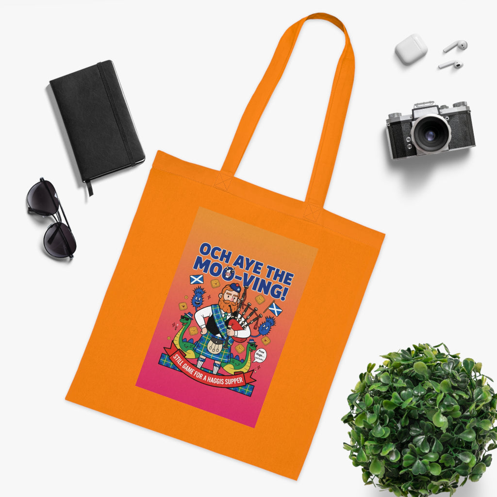 Scottish Cow Cartoon Cotton Tote — "Och Aye the Moo-ving!" Funny Celtic Grocery Bag
