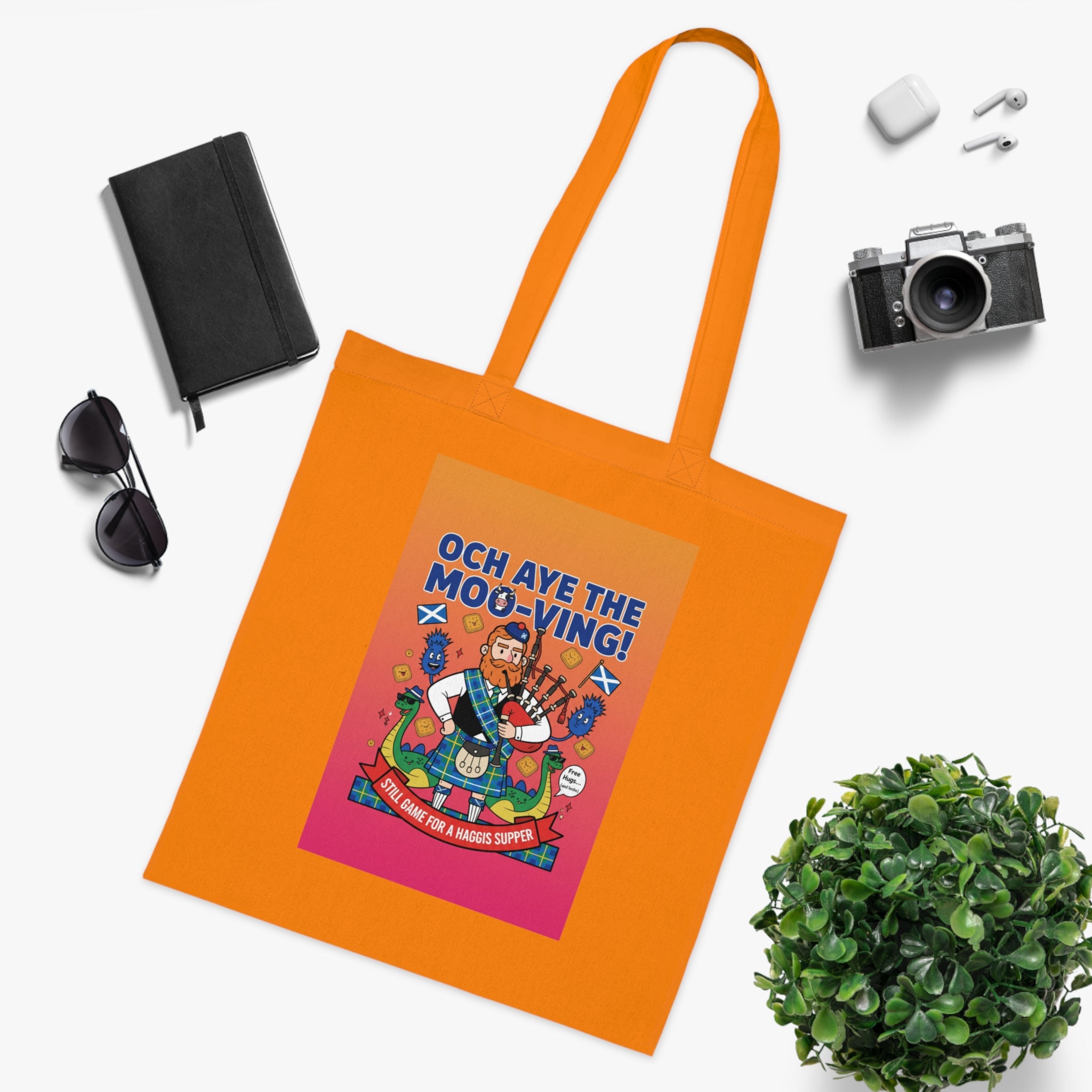 Scottish Cow Cartoon Cotton Tote — "Och Aye the Moo-ving!" Funny Celtic Grocery Bag