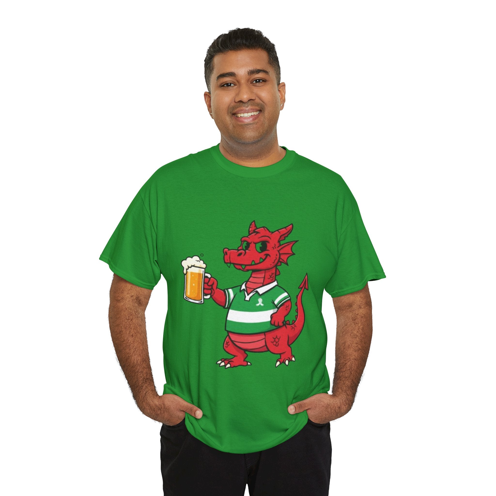 Dragon Cheers T‑Shirt — Cute Red Dragon Holding Beer Graphic Tee