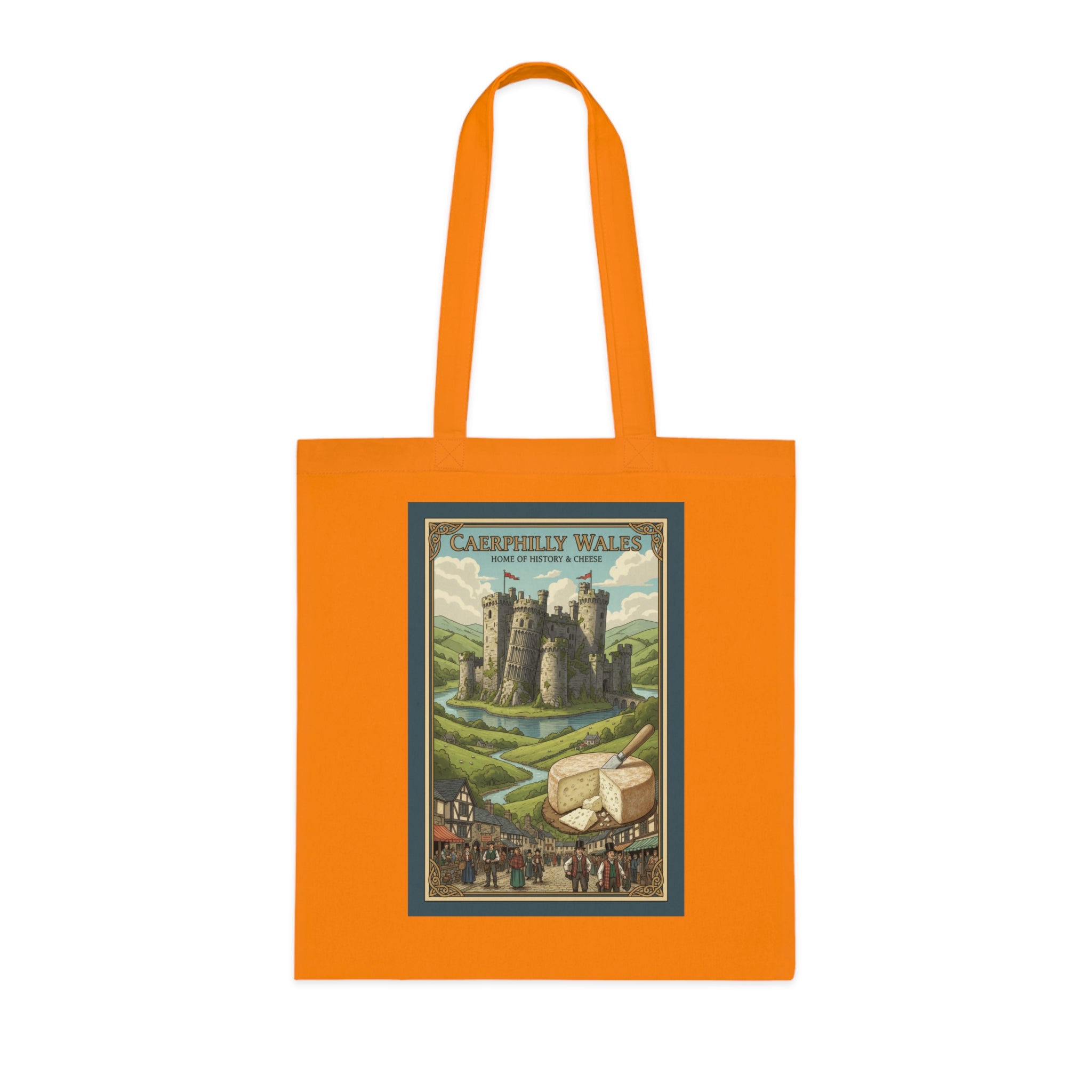 Vintage Castle & Cheese Market Cotton Tote — 'Caerphilly Wales' Retro Travel Poster Tote