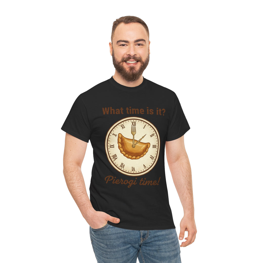 Pierogi Time T‑Shirt — "What time is it? Pierogi time!" Vintage Clock Food Tee