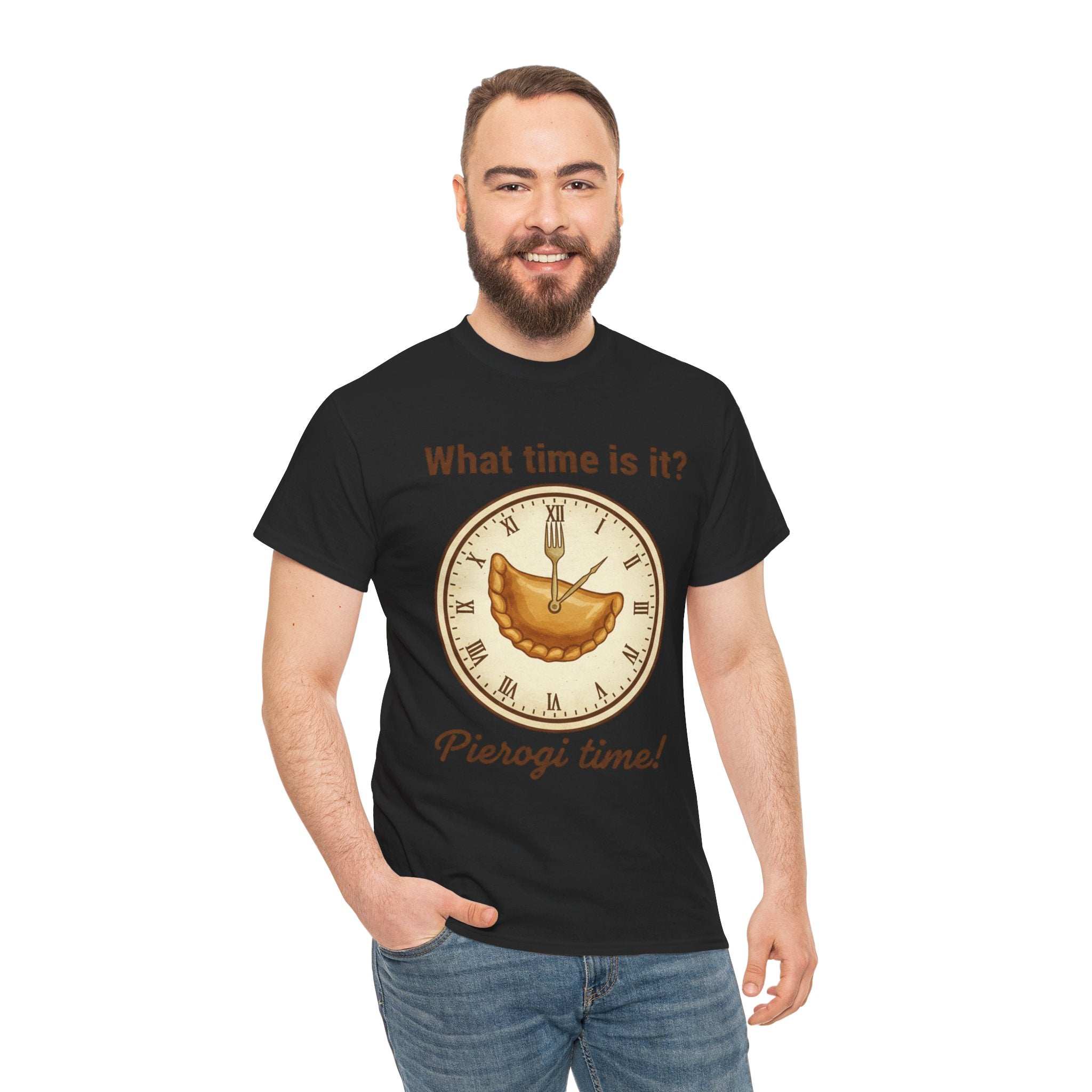 Pierogi Time T‑Shirt — "What time is it? Pierogi time!" Vintage Clock Food Tee
