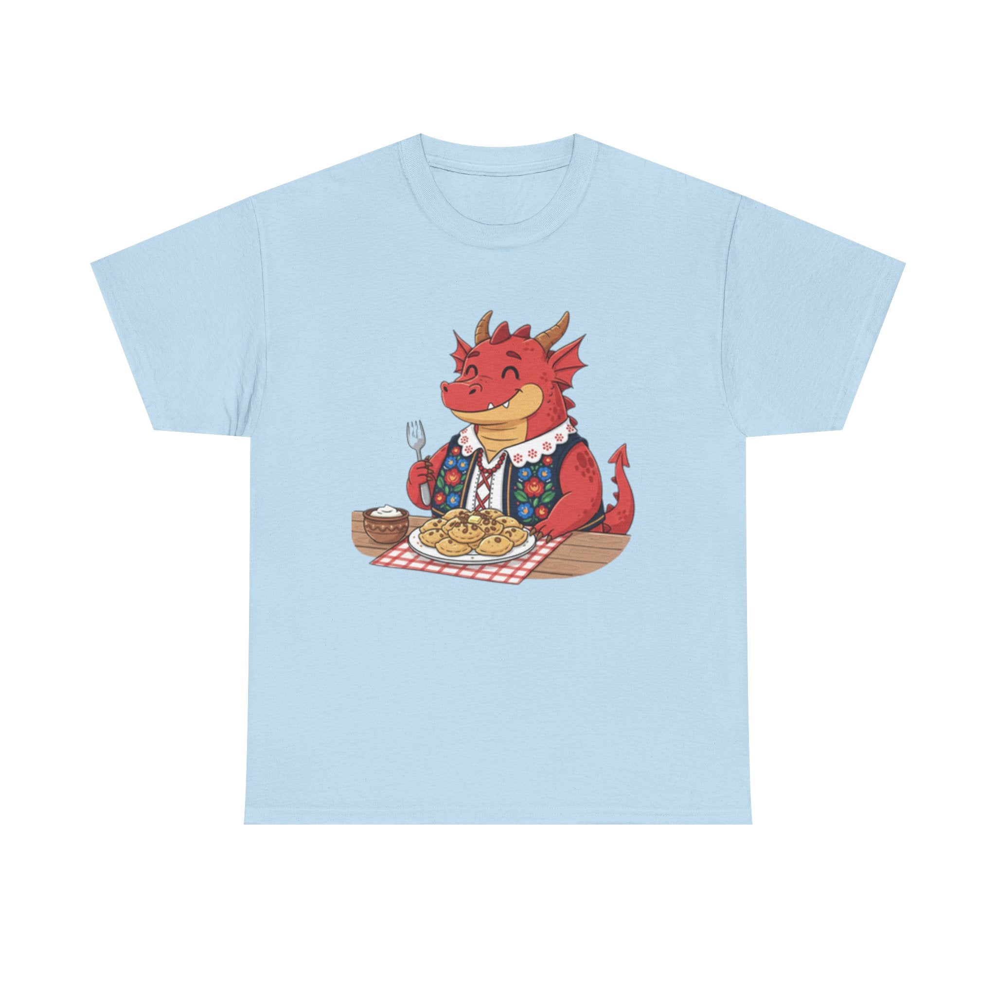 Dragon Eating Pierogi T-Shirt — "Mój nowy smok. Też lubi pierogi." Cute Polish Food Tee