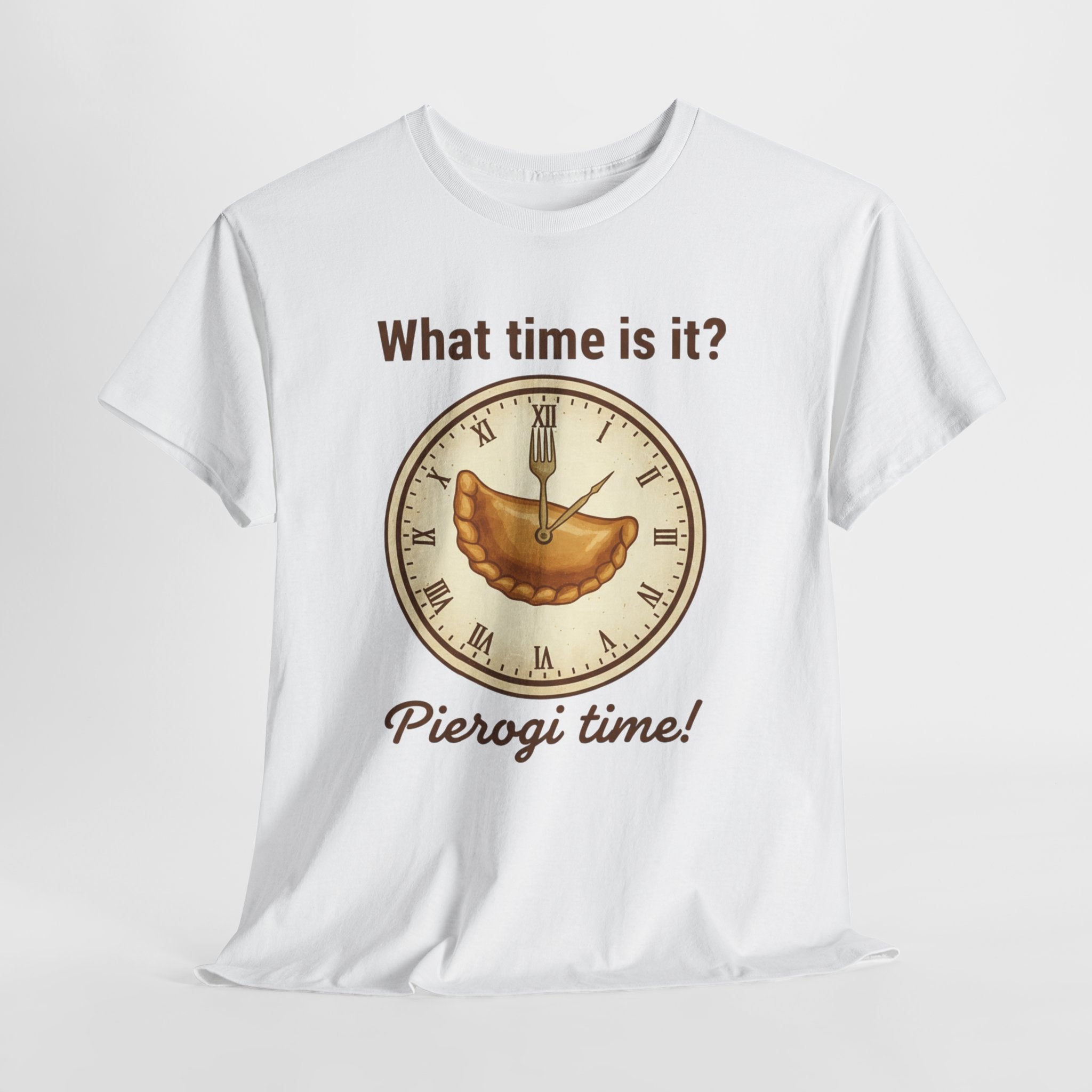 Pierogi Time T‑Shirt — "What time is it? Pierogi time!" Vintage Clock Food Tee
