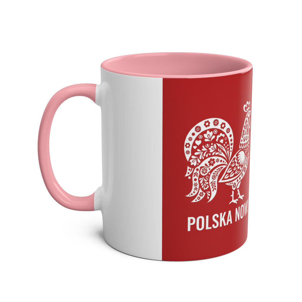 Polish Folk Rooster Coffee Mug — 'Polska Now!' Two-Tone 11oz Ceramic