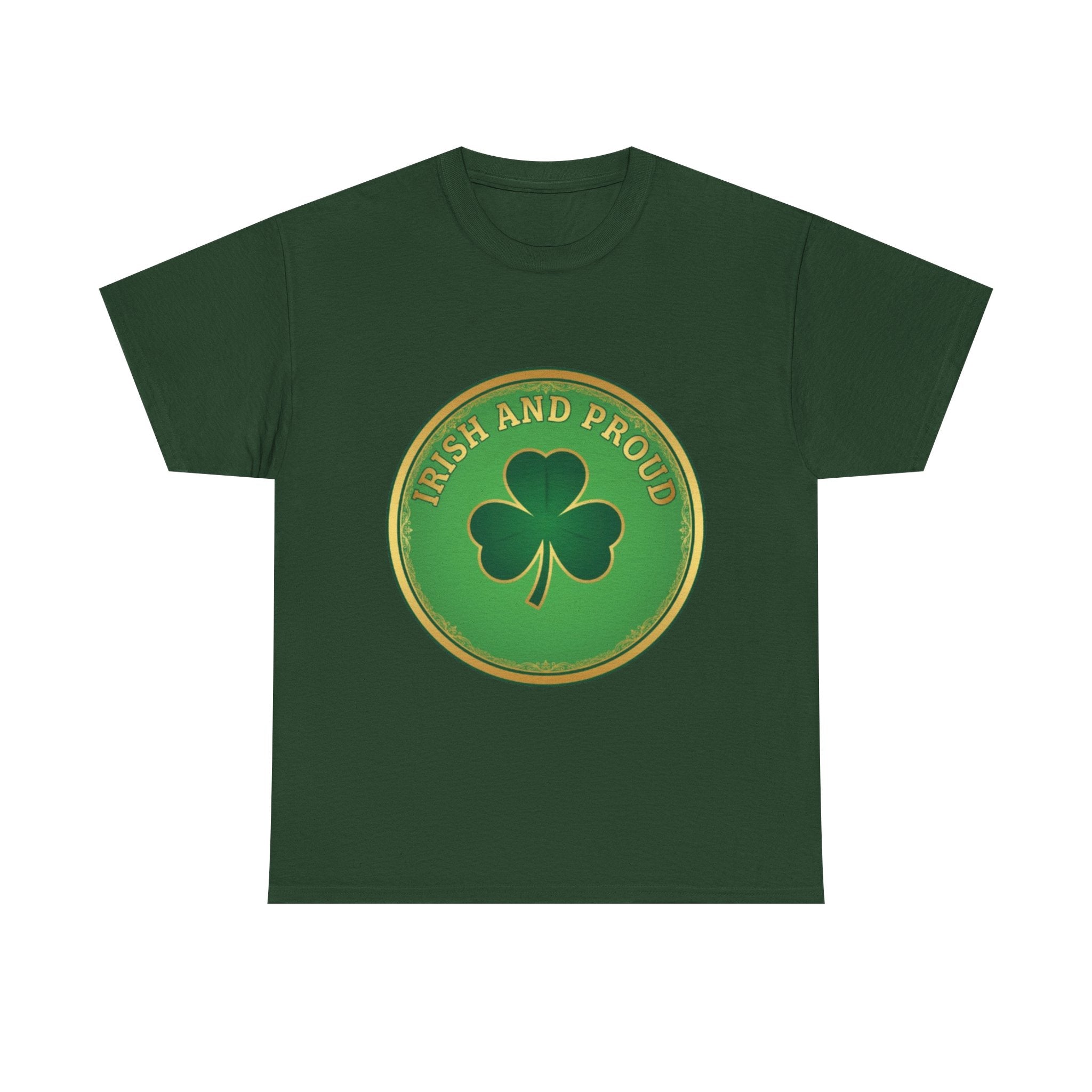 Irish and Proud T-Shirt — Green Shamrock Emblem Tee for St. Patrick's Day