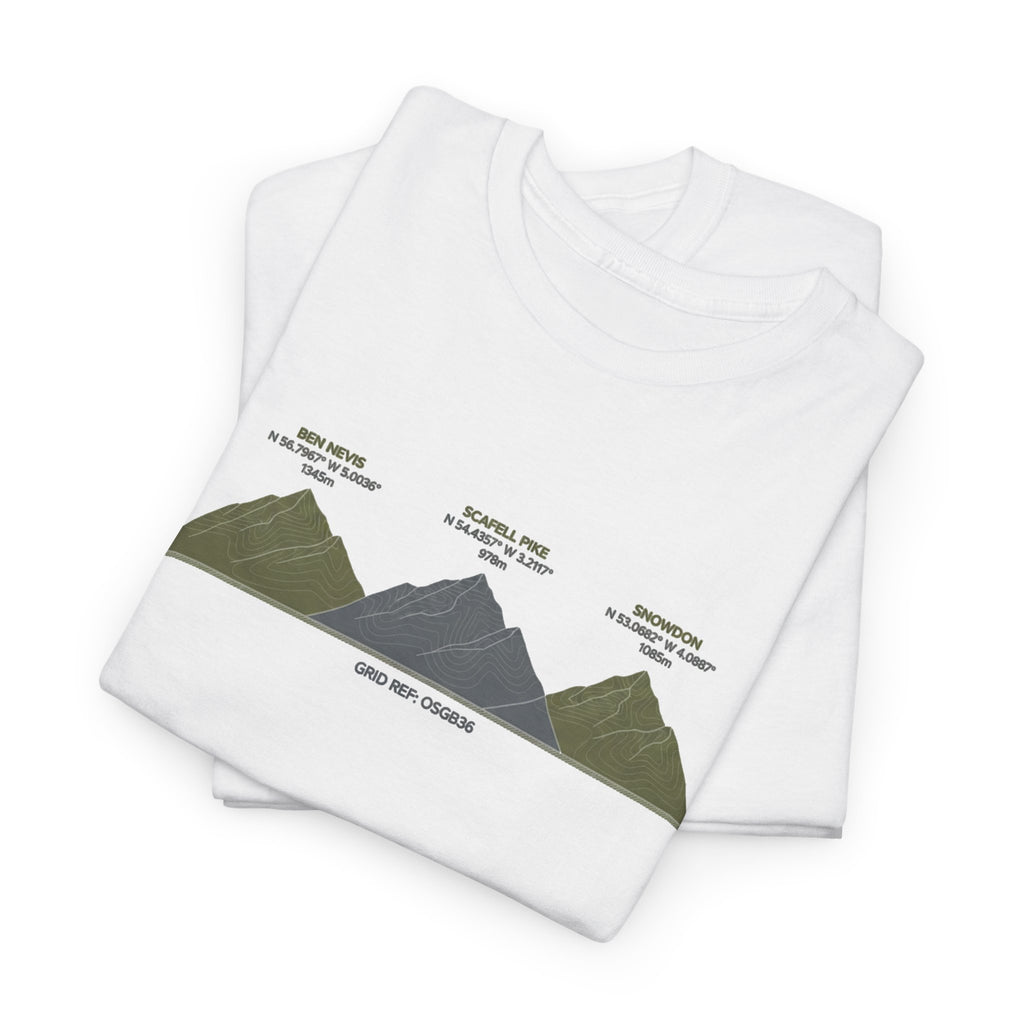 Three Peaks Challenge Graphic T-Shirt — Retro UK Mountain Hiking Tee