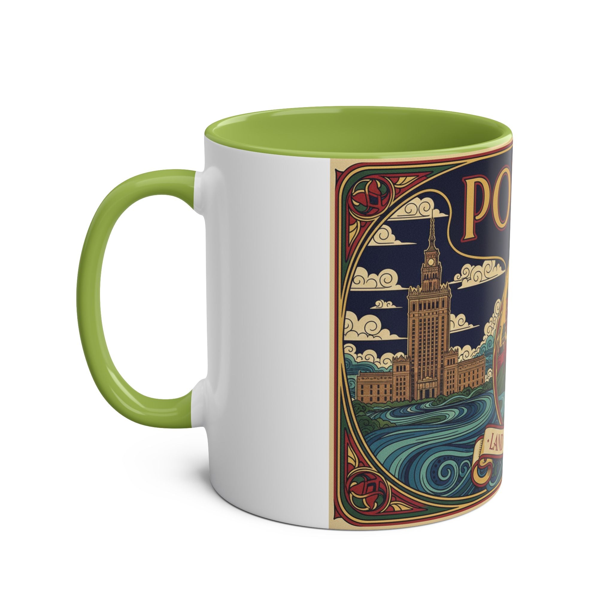 Polska 'Land of Legends' Two-Tone Coffee Mug — 11oz Polish Travel Poster Design