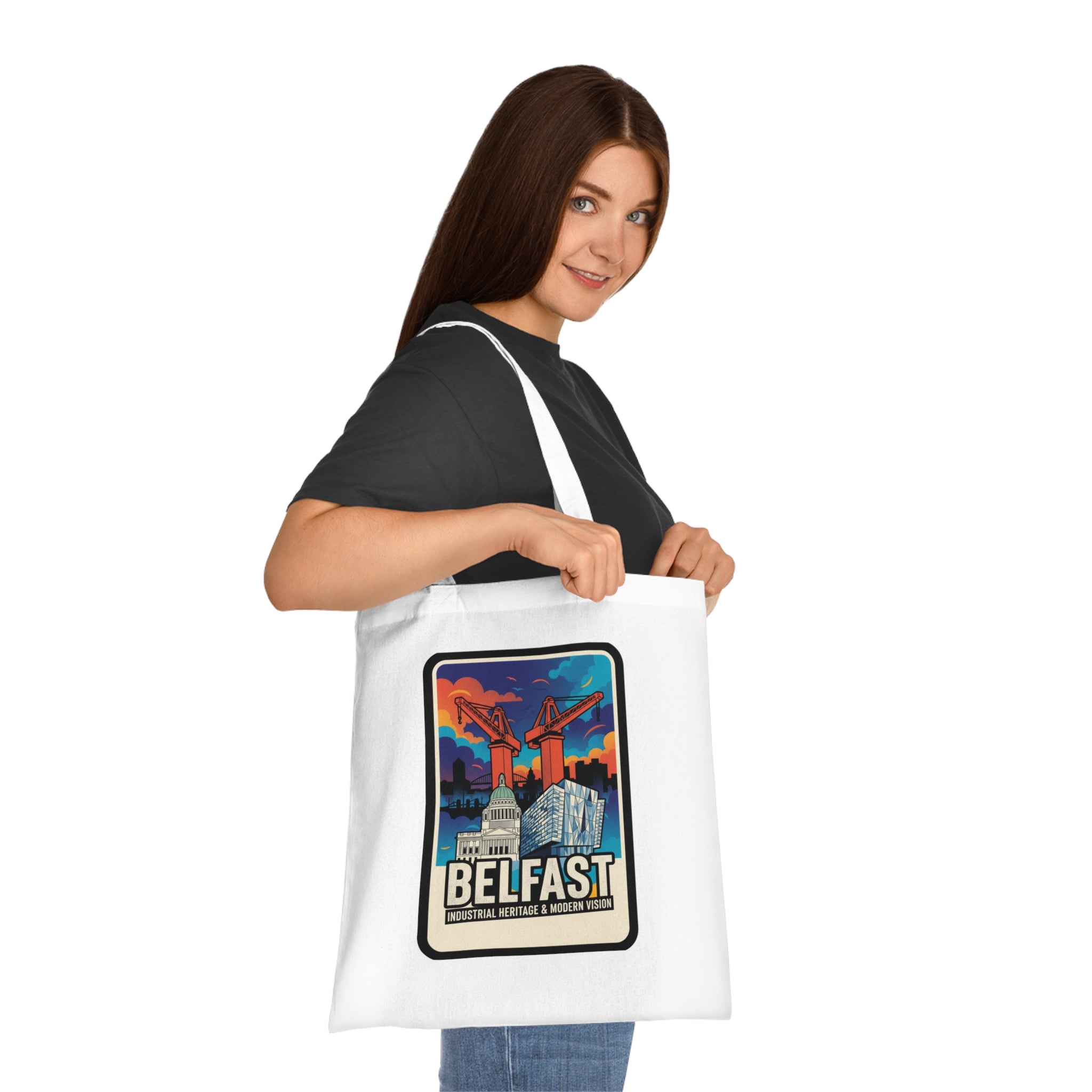 Belfast Retro Travel Cotton Tote Bag — Vintage Cityscape Market/Beach Bag