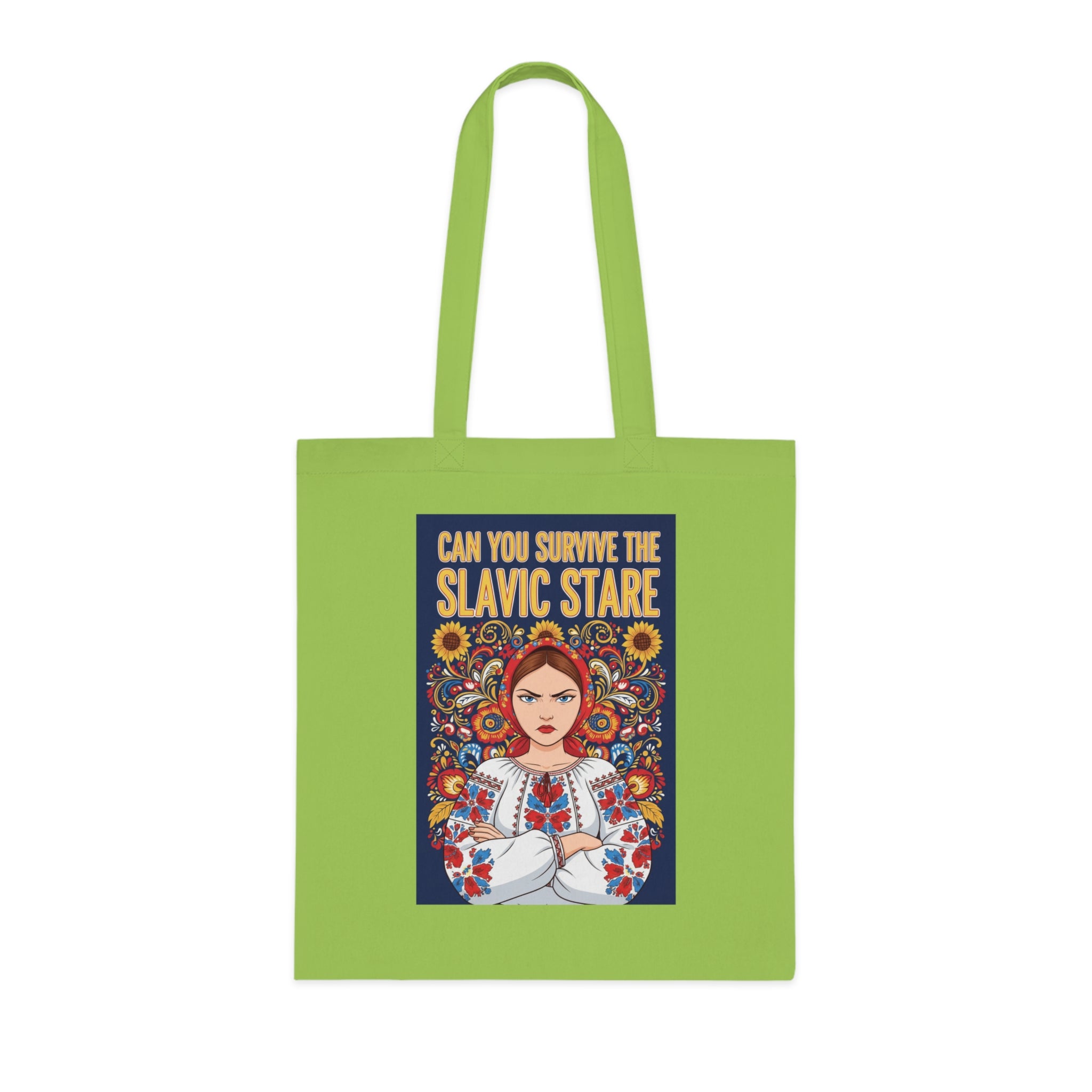 Slavic Stare Cotton Tote — Feminine Folk Art Reusable Bag ("Can You Survive the Slavic Stare")