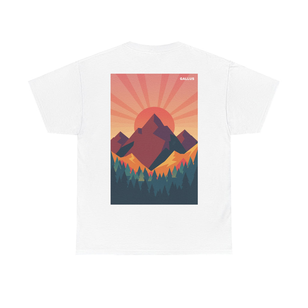 Mountain Sunset T-Shirt — Retro Nature Graphic Tee with 'GALLUS' Logo