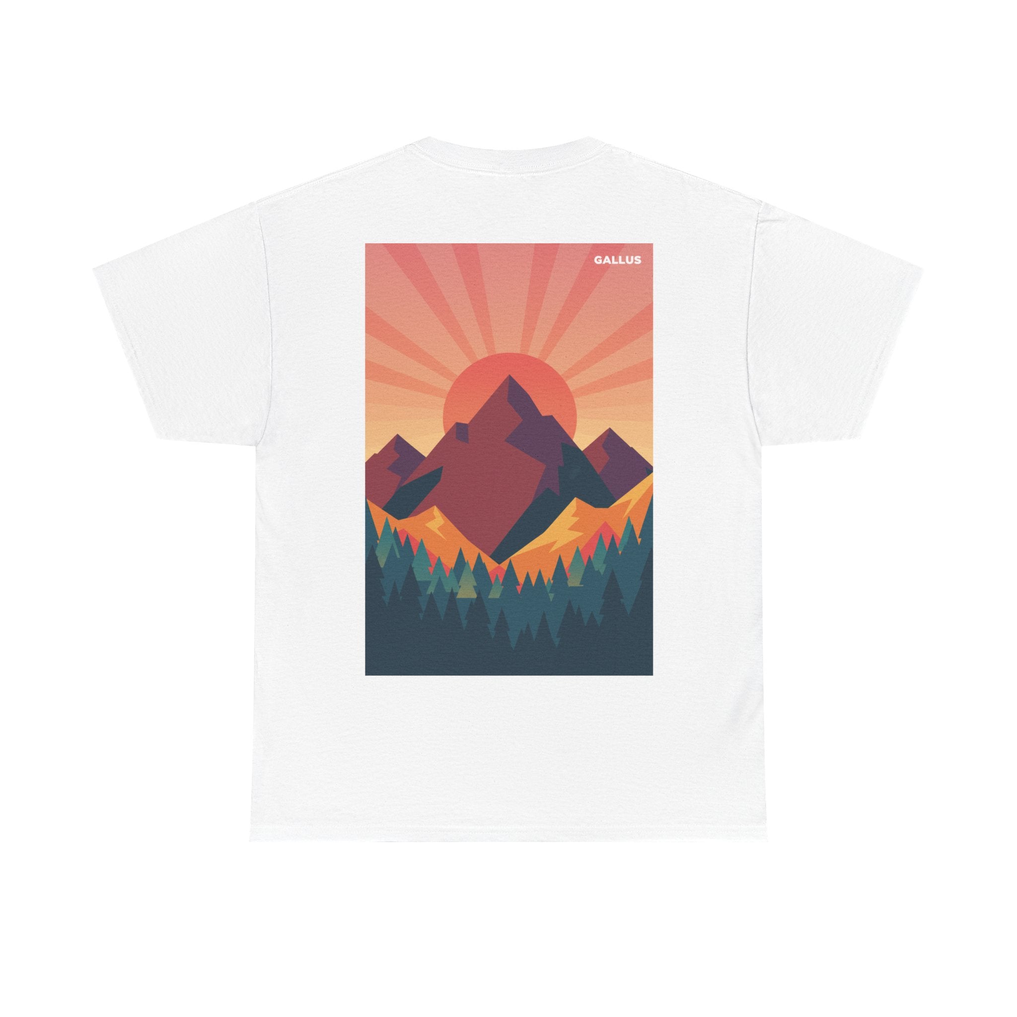 Mountain Sunset T-Shirt — Retro Nature Graphic Tee with 'GALLUS' Logo