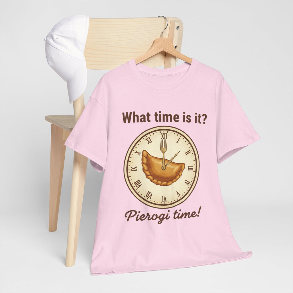 Pierogi Time T‑Shirt — "What time is it? Pierogi time!" Vintage Clock Food Tee