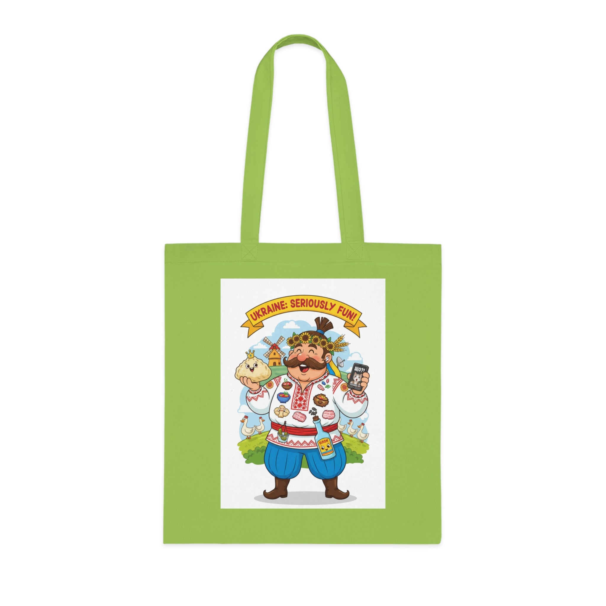 Ukrainian Pride Cotton Tote — "Ukraine Seriously? Fun!" Folk Character Market Bag