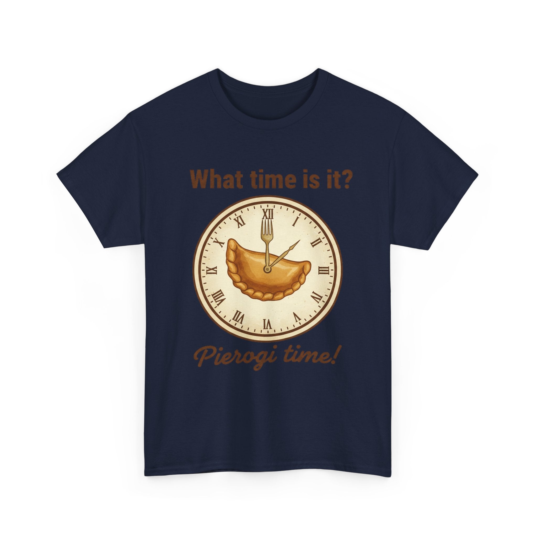 Pierogi Time T‑Shirt — "What time is it? Pierogi time!" Vintage Clock Food Tee