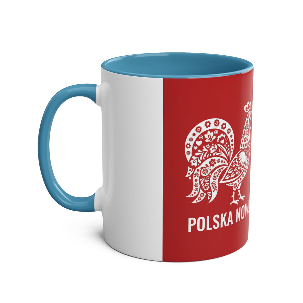 Polish Folk Rooster Coffee Mug — 'Polska Now!' Two-Tone 11oz Ceramic