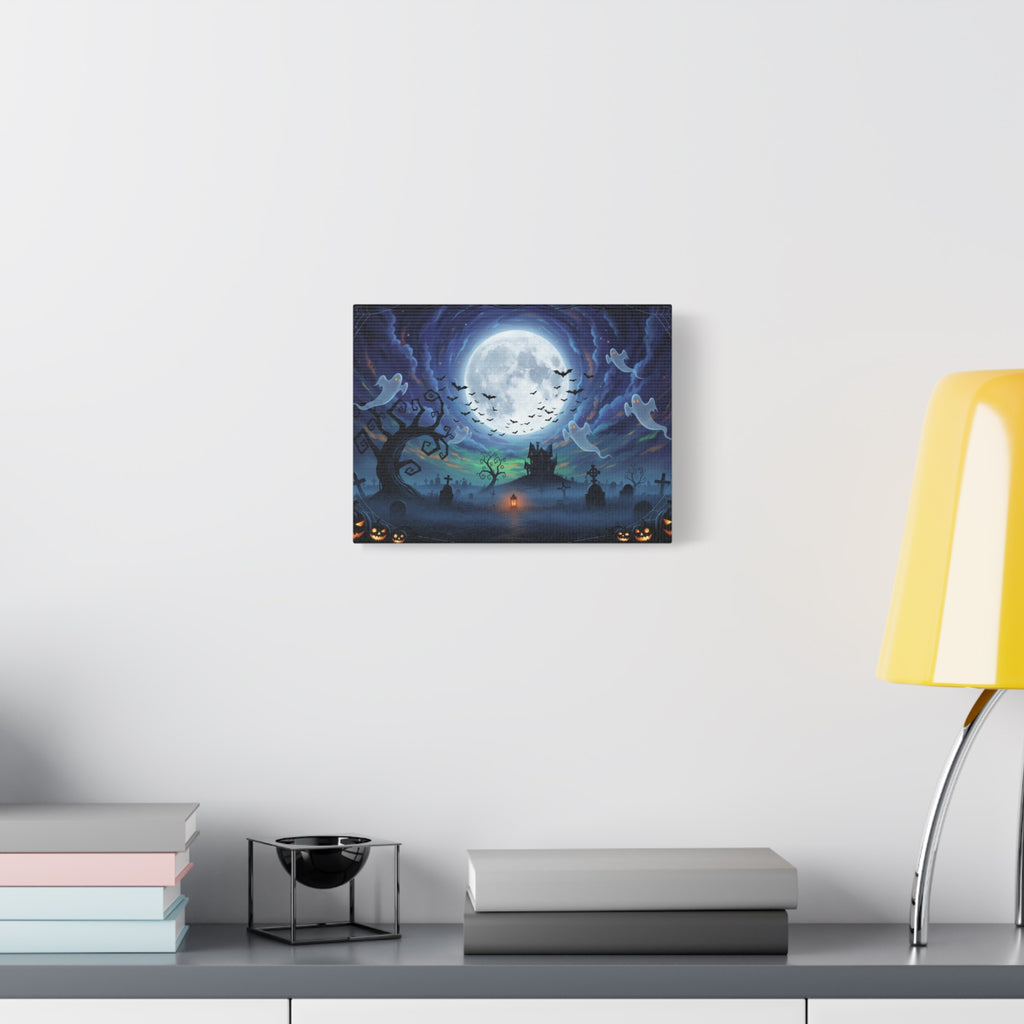 Spooky Night Halloween Canvas Wall Art — Haunted Moonlit Graveyard Scene