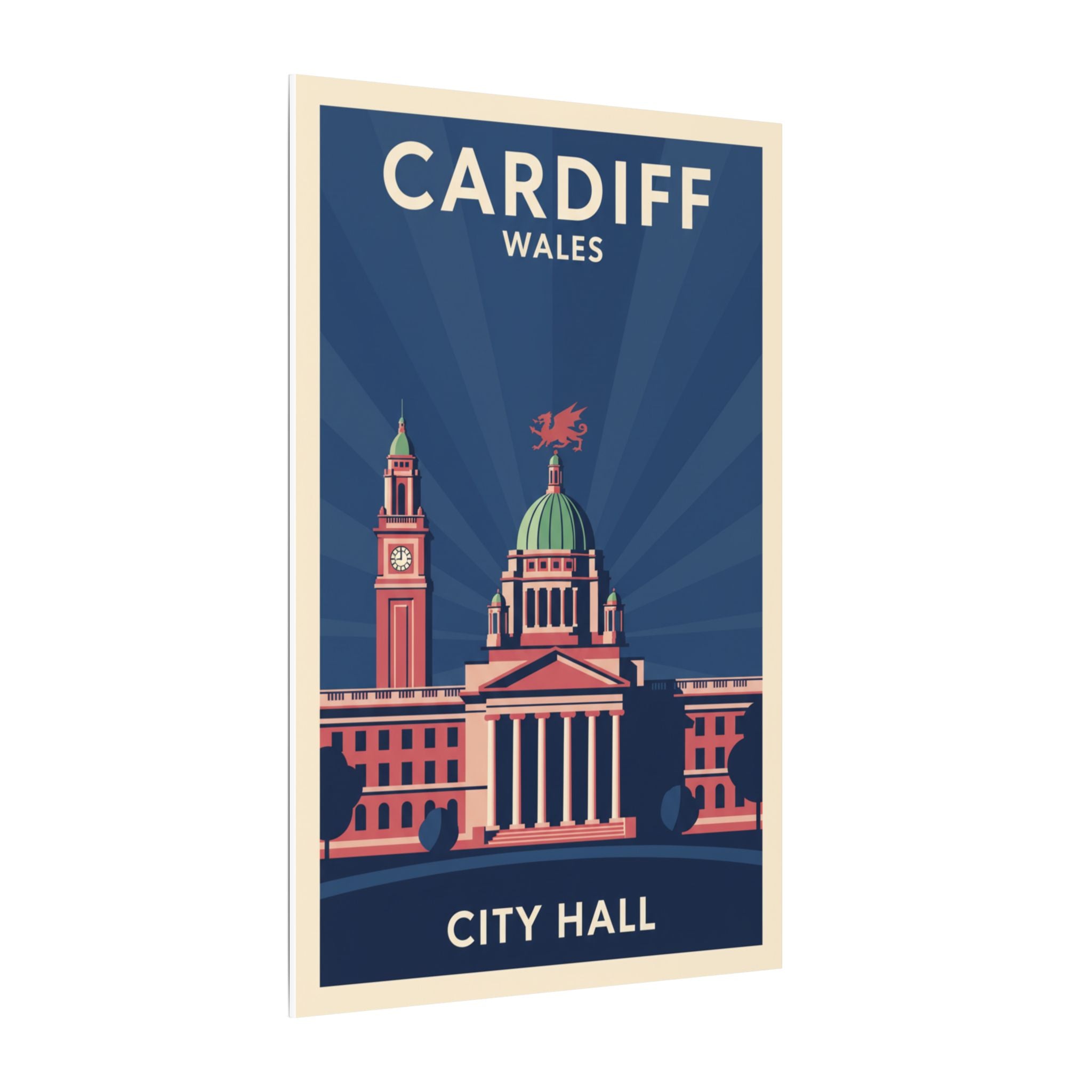 Cardiff City Hall Matte Canvas Wall Art — Vintage Wales Travel Poster