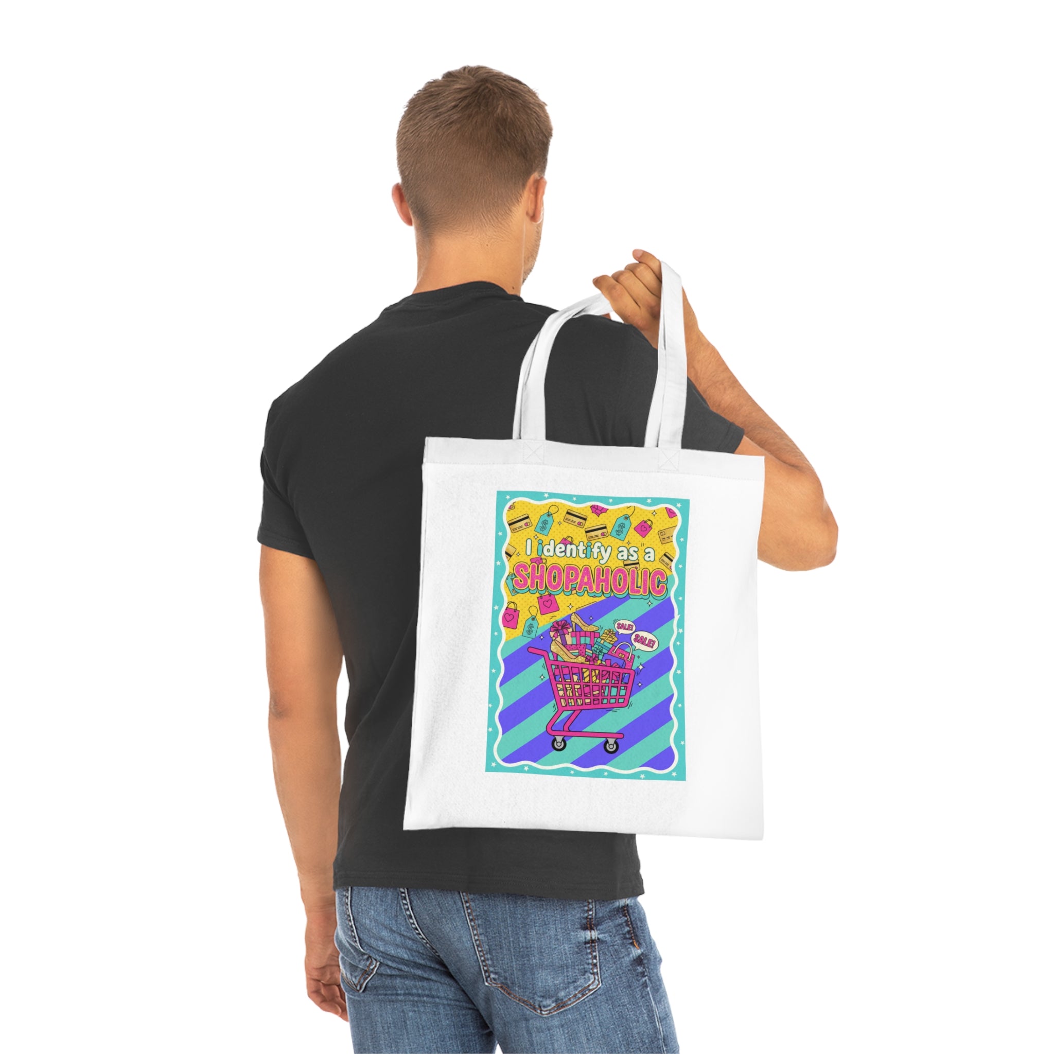 Shopaholic Cotton Tote Bag — Colorful Shopping Cart Design (I Identify as a Shopaholic)