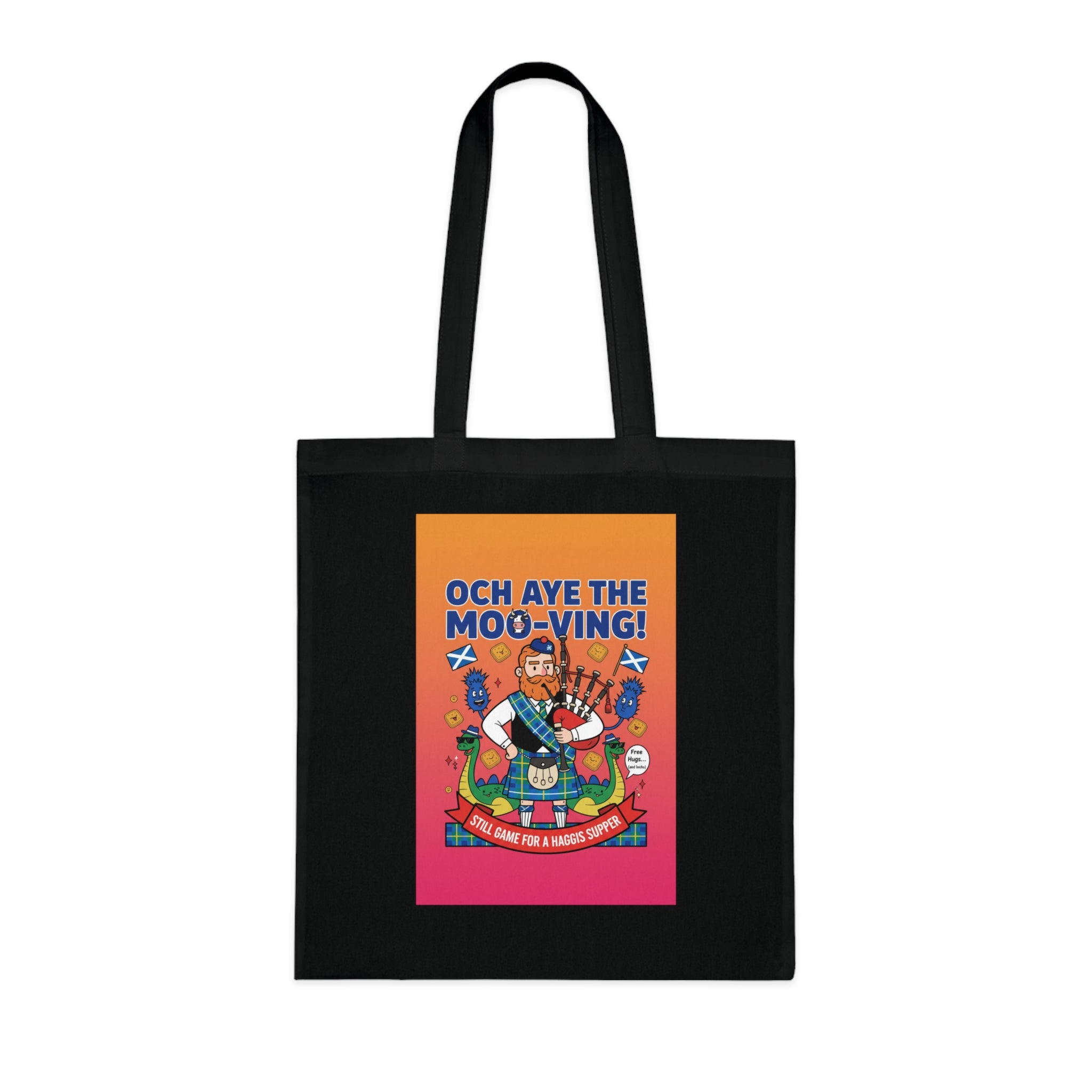 Scottish Cow Cartoon Cotton Tote — "Och Aye the Moo-ving!" Funny Celtic Grocery Bag
