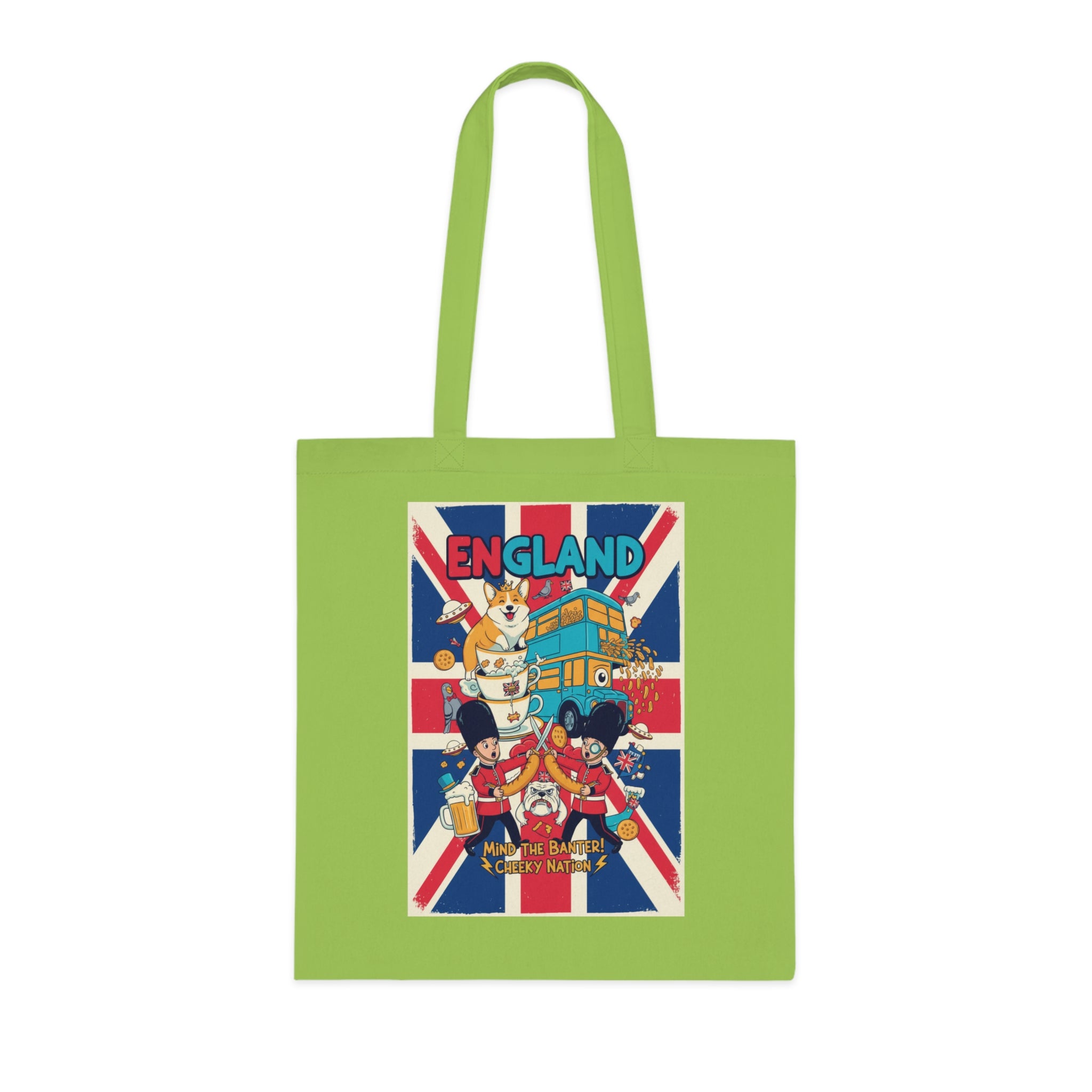 England Union Jack Cotton Tote Bag – Cute London Icons (Big Ben, Double Decker, Guards)