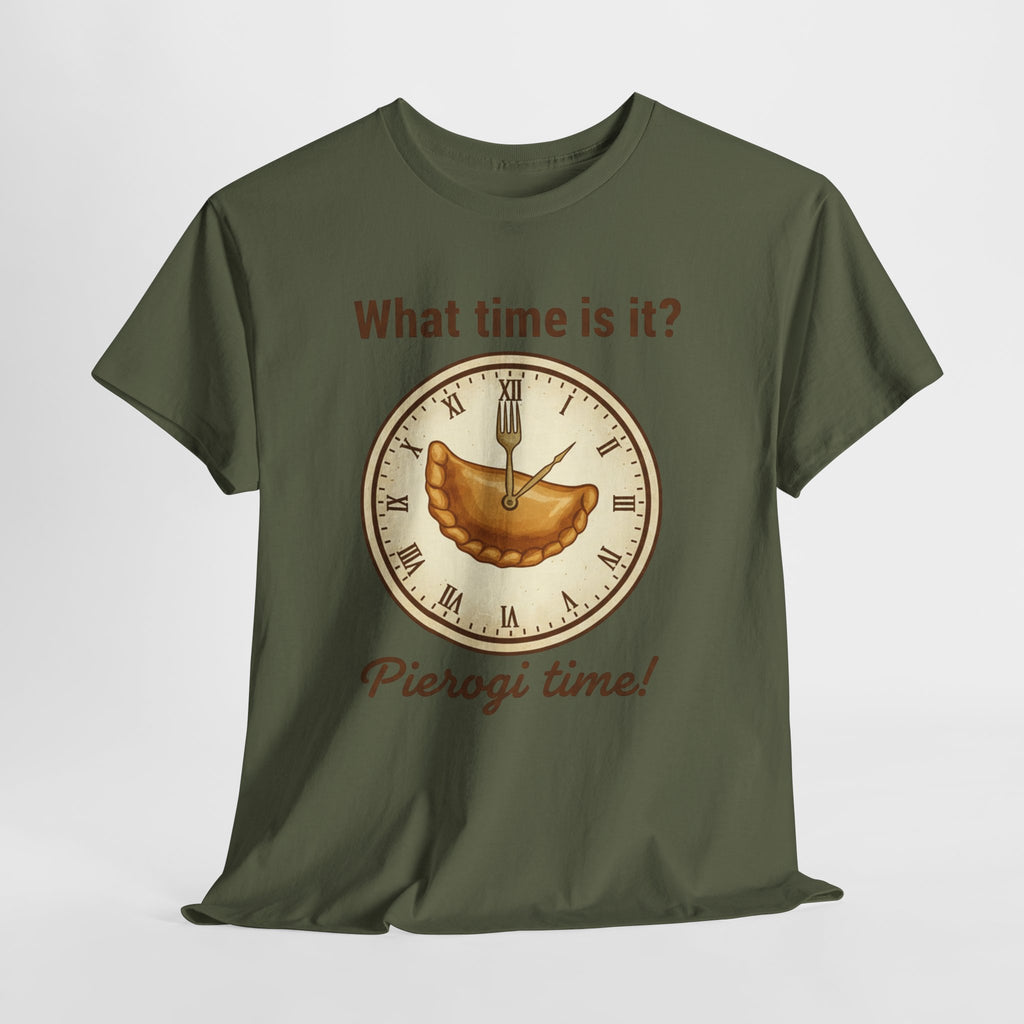 Pierogi Time T‑Shirt — "What time is it? Pierogi time!" Vintage Clock Food Tee