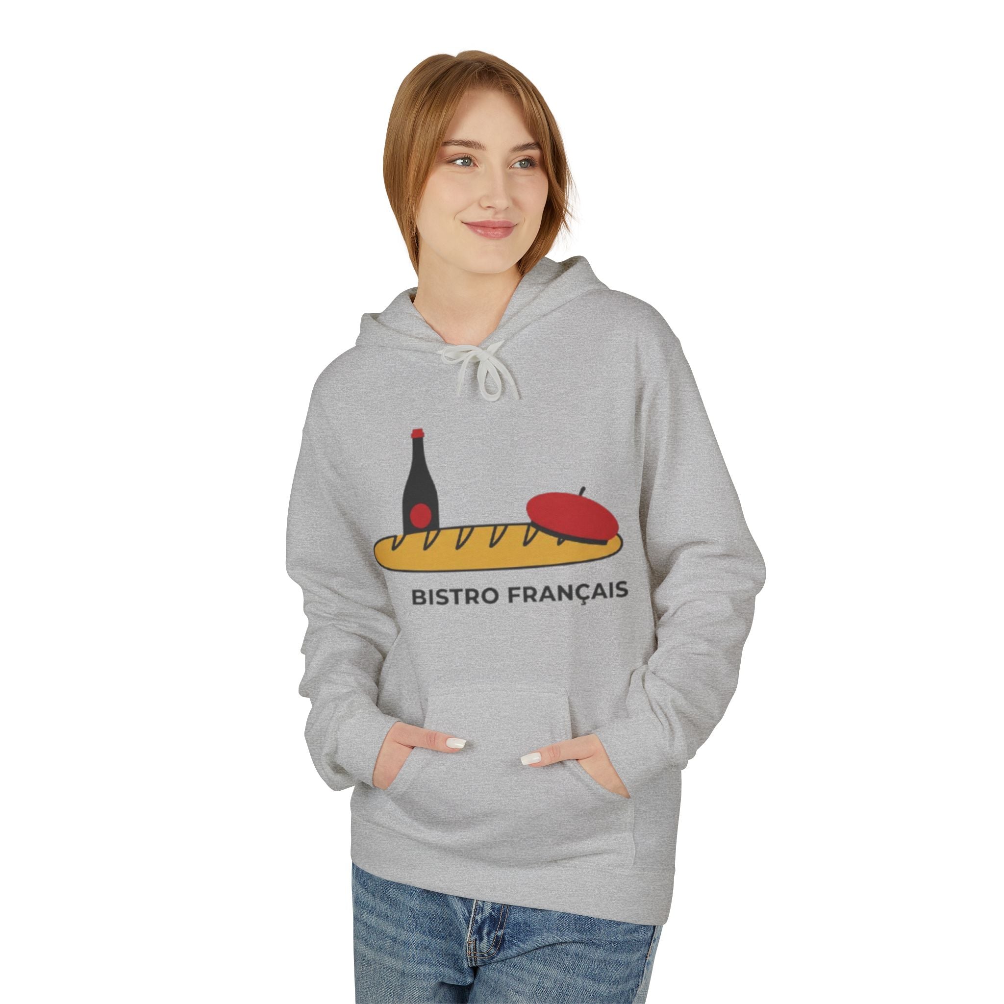 Bistro Français Hoodie — French Bistro Bread, Wine & Beret Graphic