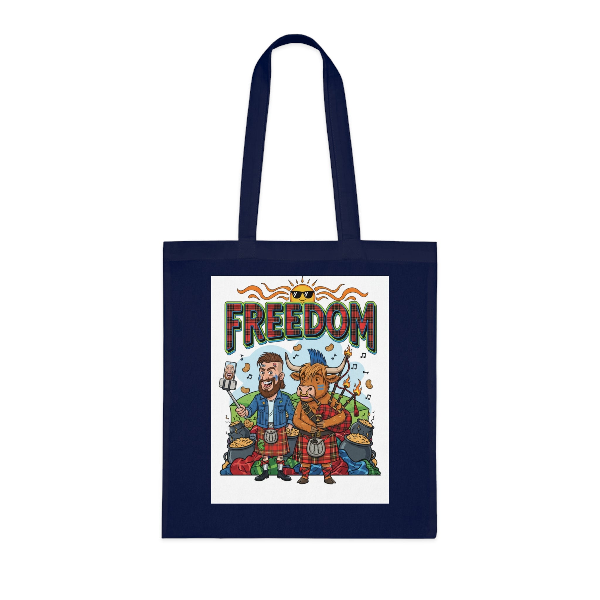 Freedom Scottish Highlanders Cotton Tote — Funny Kilted Bagpipes Design