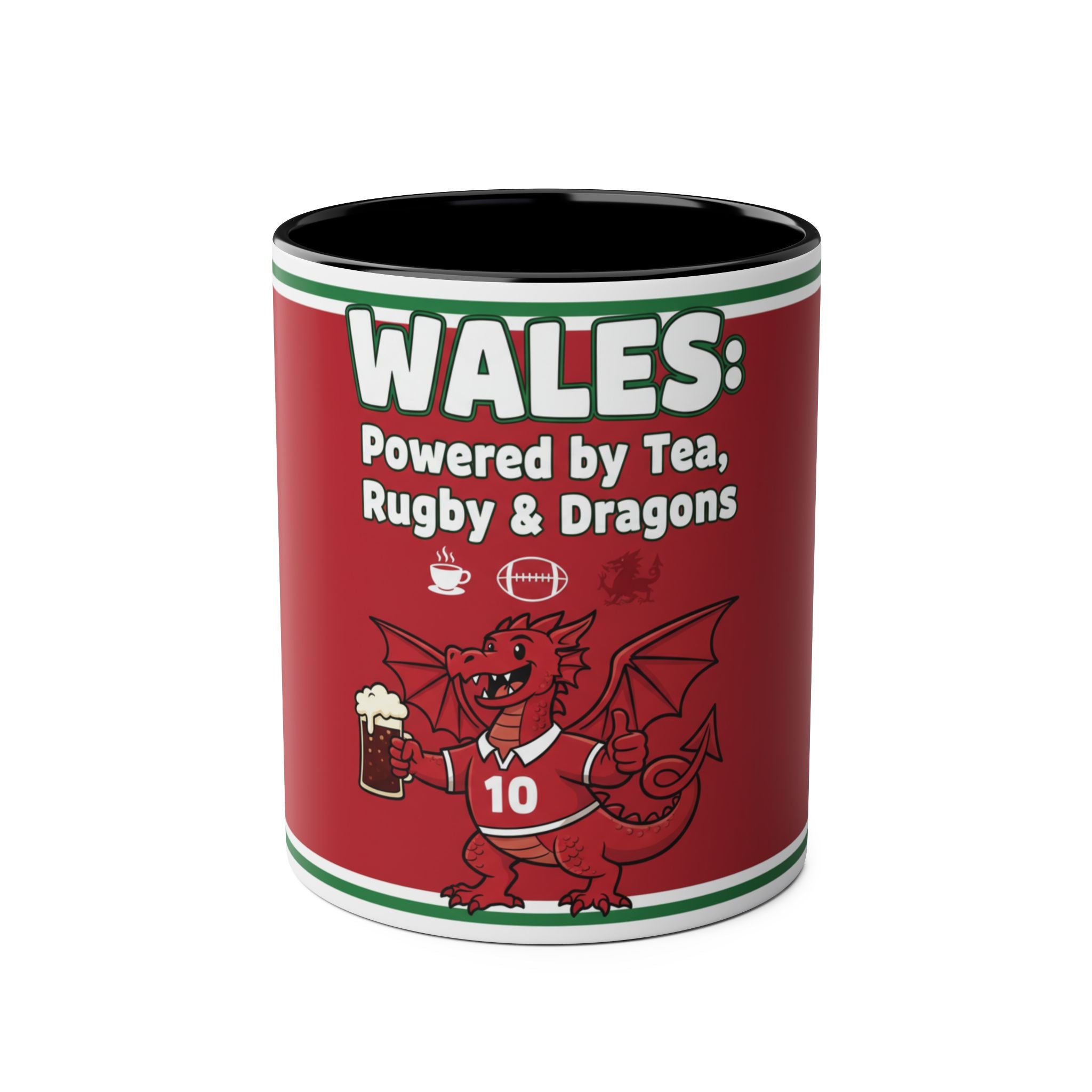 Wales Coffee Mug – "Wales: Powered by Tea, Rugby & Dragons" 11oz Two-Tone Mug