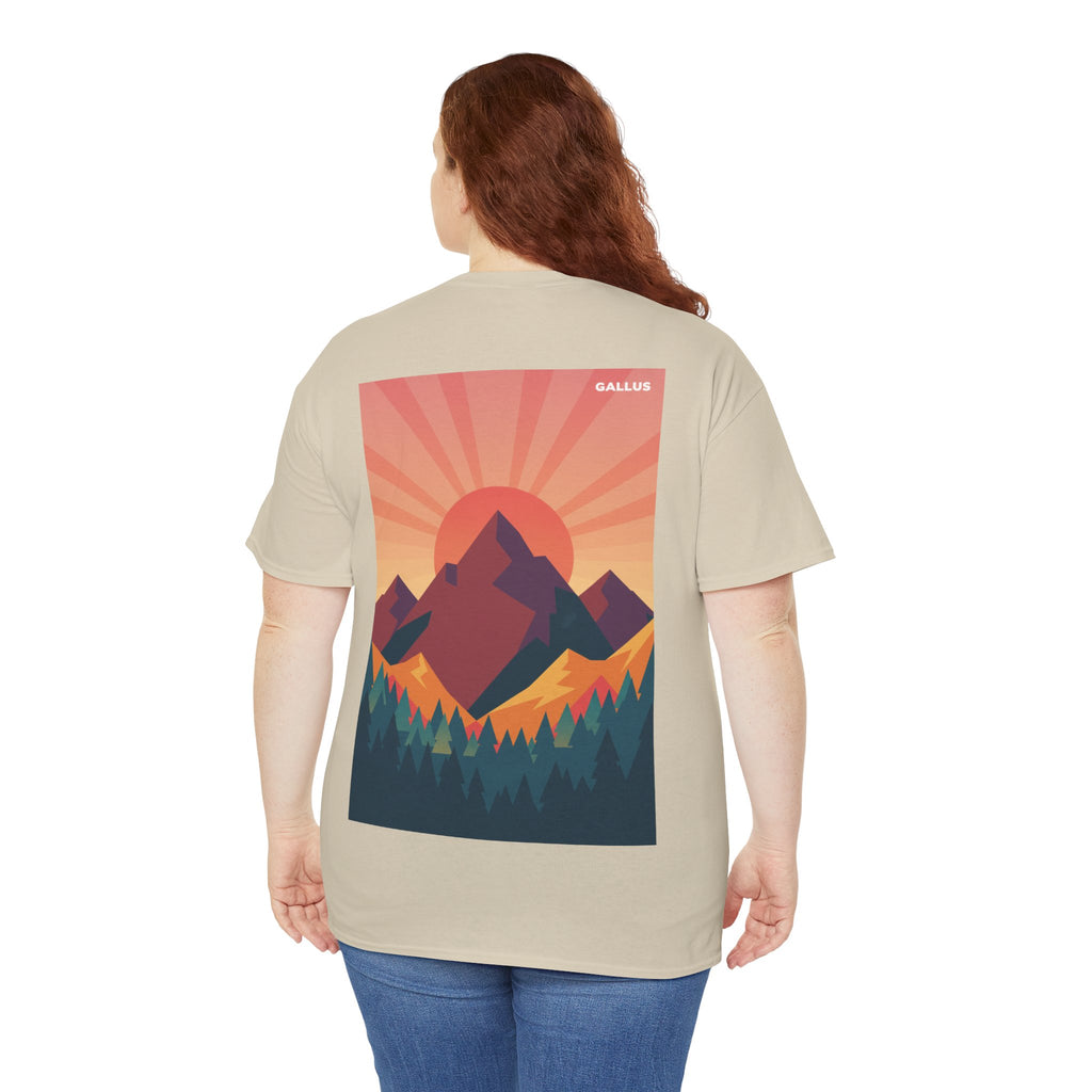Mountain Sunset T-Shirt — Retro Nature Graphic Tee with 'GALLUS' Logo